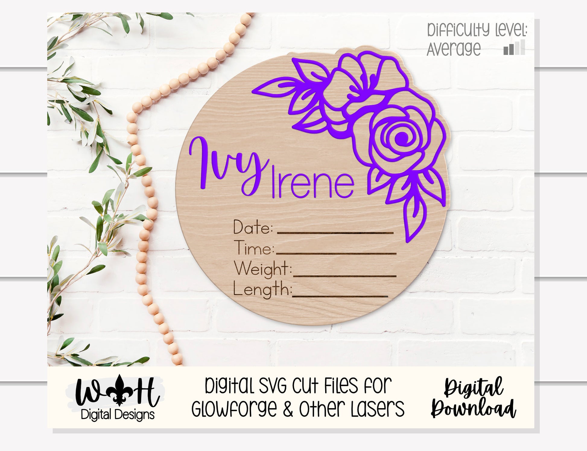 Baby Birth Stat Lily and Rose Floral Round - Personalizable Nursery Signs For Makers - Easy Cut File For Glowforge Lasers - Digital SVG File