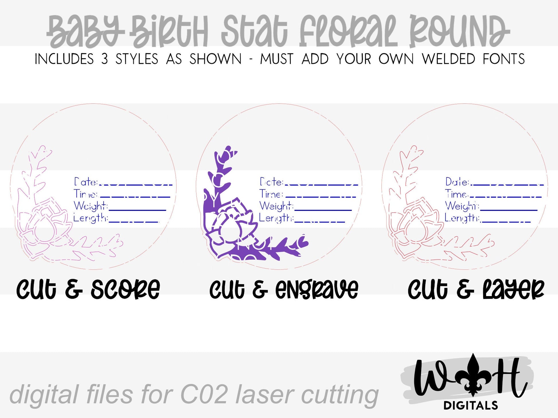 Baby Birth Stat Rose and Thorns Floral Round - Personalizable Nursery Signs For Makers - Cut File For Glowforge Lasers - Digital SVG File