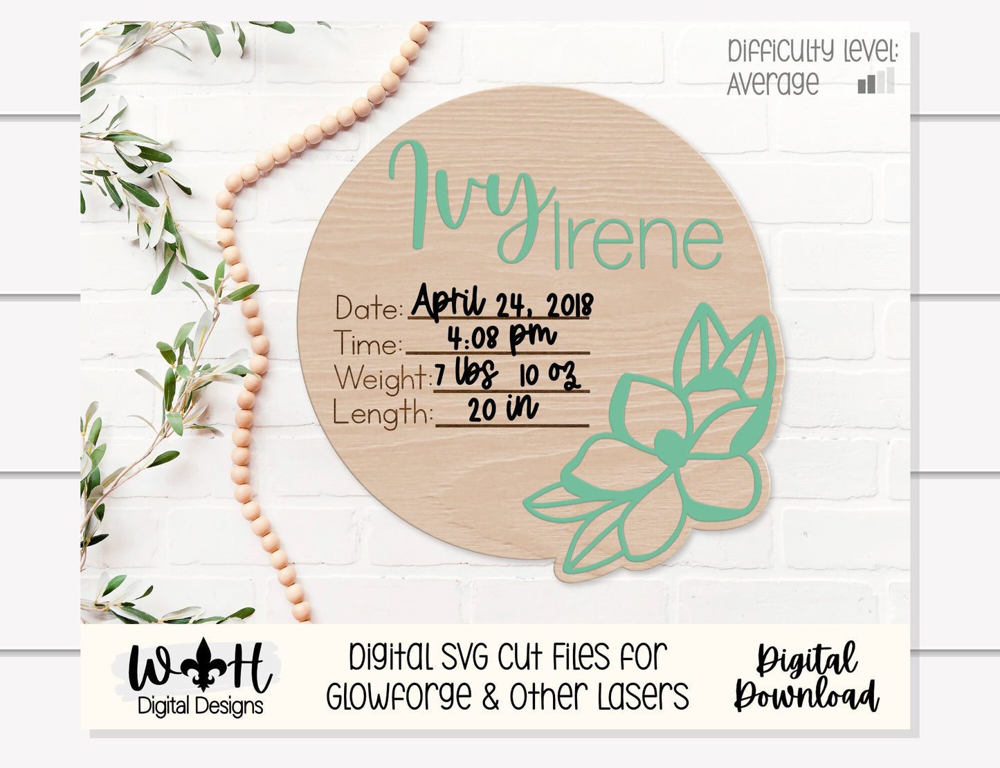 Baby Birth Stat Magnolia Floral Round - Personalizable Nursery Signs For Makers - Easy Cut File For Glowforge Lasers - Digital SVG File