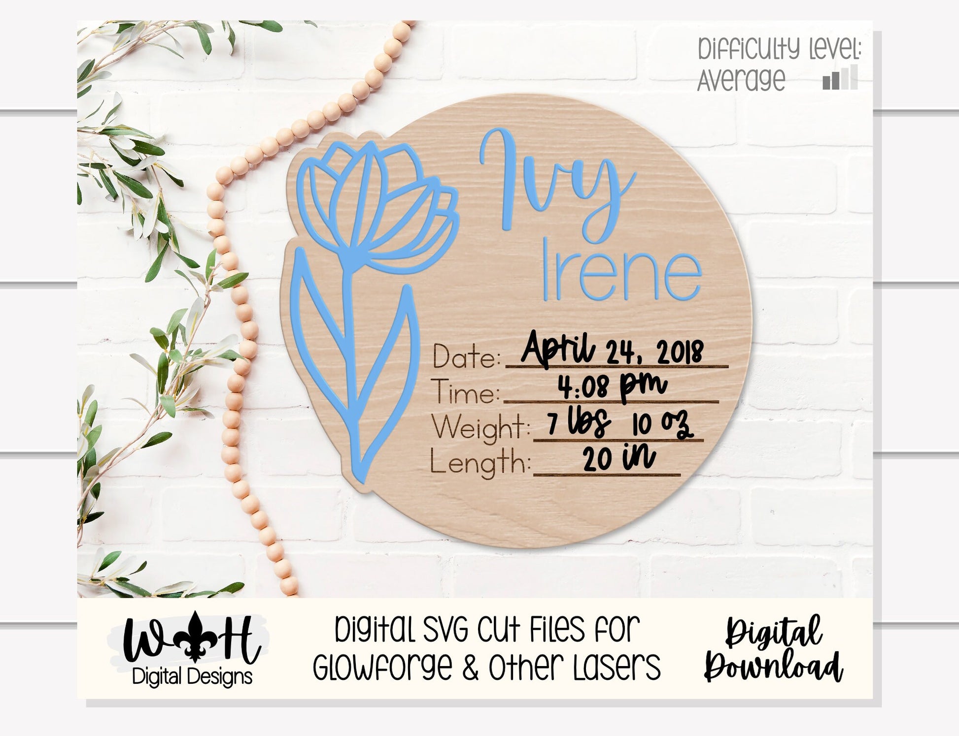 Baby Birth Stat Spring Tulip Floral Round - Personalizable Nursery Signs For Makers - Easy Cut File For Glowforge Laser - Digital SVG File