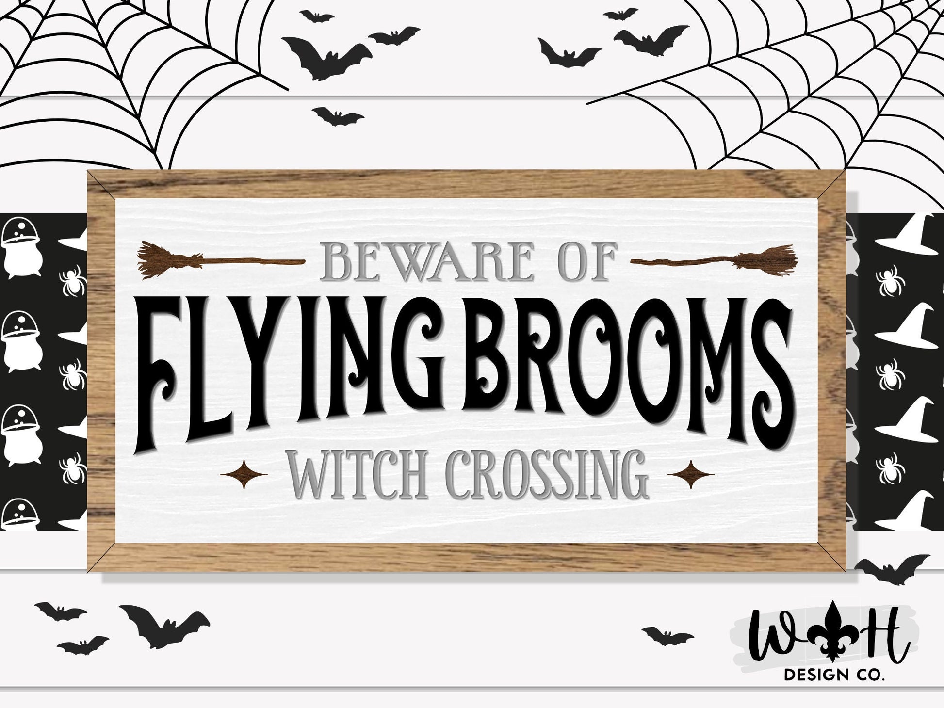 Beware of Flying Brooms Witch Crossing - Halloween Modern Farmhouse - Wood Coffee Bar Sign - Retro Goth Room Decor - Witchy Wall Art