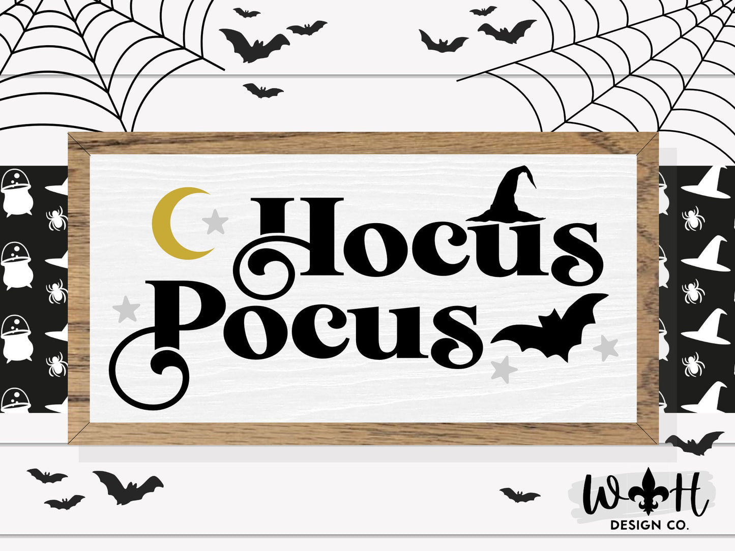 Hocus Pocus With Witch Hat and Bat - Halloween Modern Farmhouse Seasonal Coffee Bar Sign - Whimsical Witchy Wall Art - Retro Entryway Decor