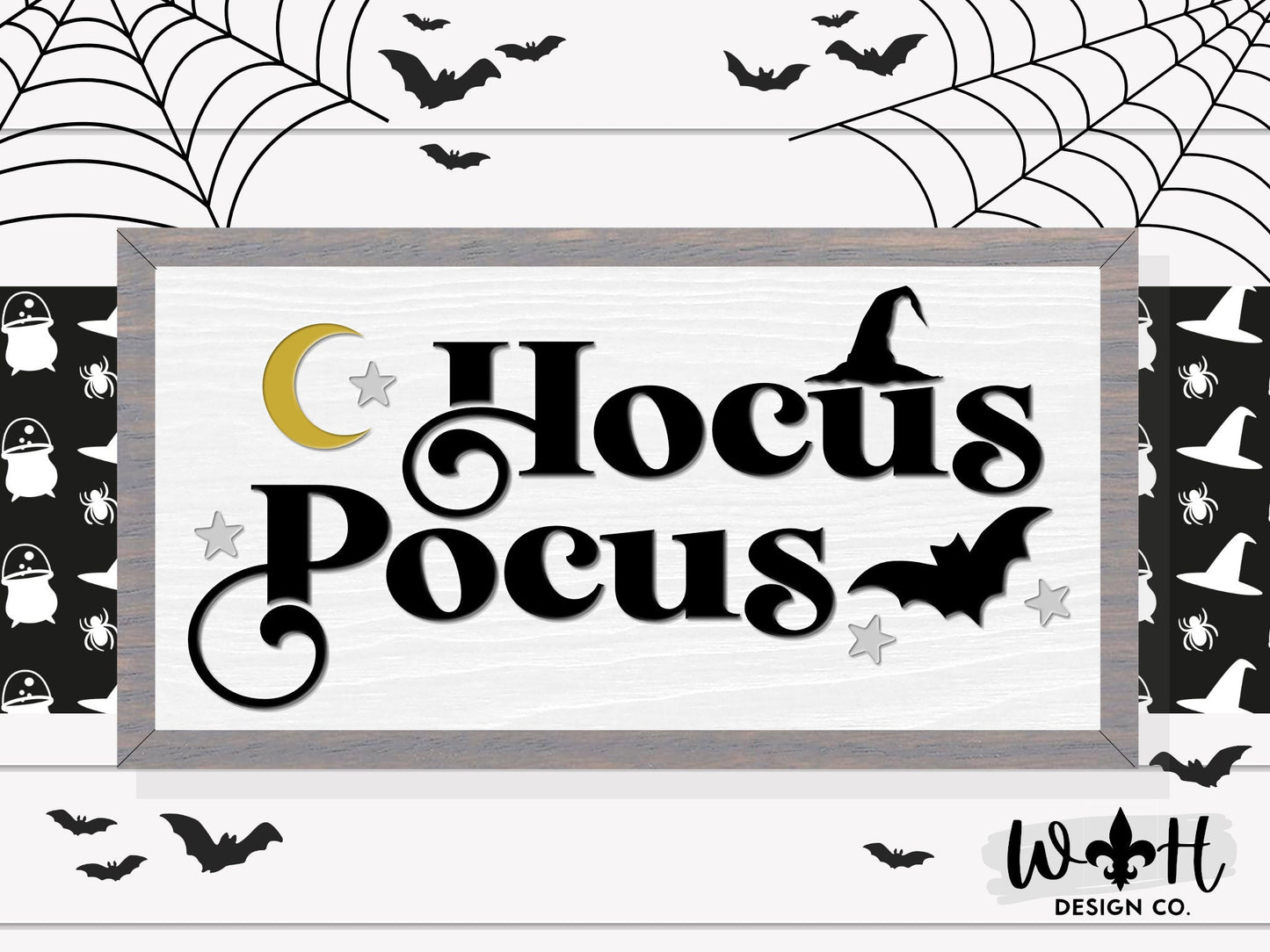 Hocus Pocus With Witch Hat and Bat - Halloween Modern Farmhouse Seasonal Coffee Bar Sign - Whimsical Witchy Wall Art - Retro Entryway Decor