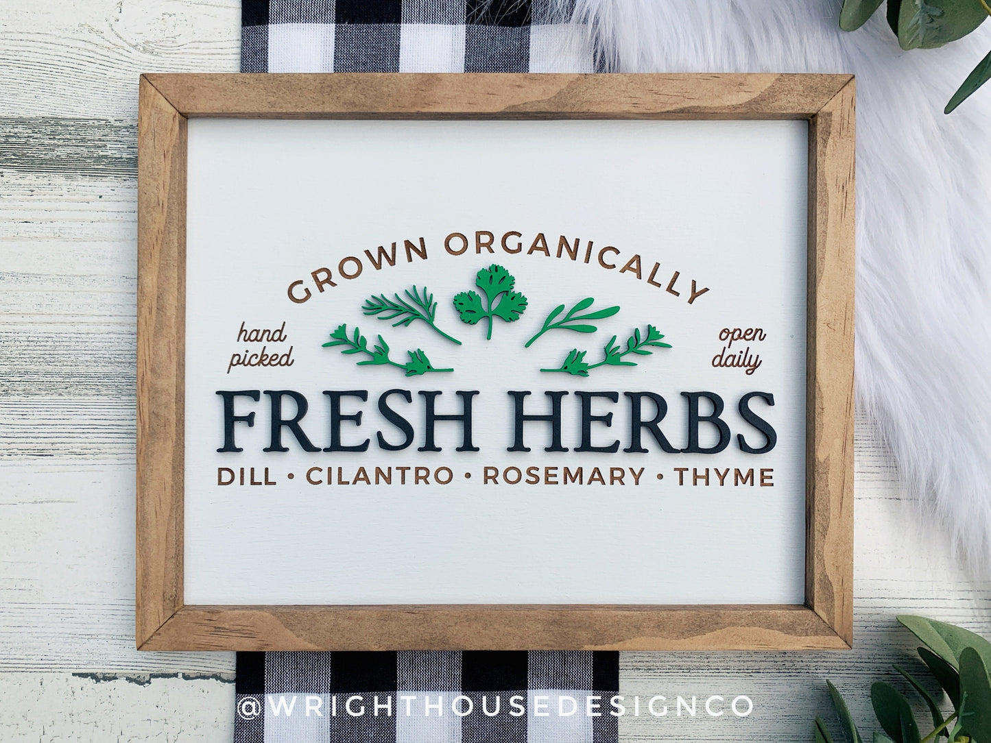 Fresh Herbs Organically Grown - Spring Coffee Bar Sign - Seasonal Farmhouse Home and Kitchen Decor - Handcrafted Wooden Framed Wall Art