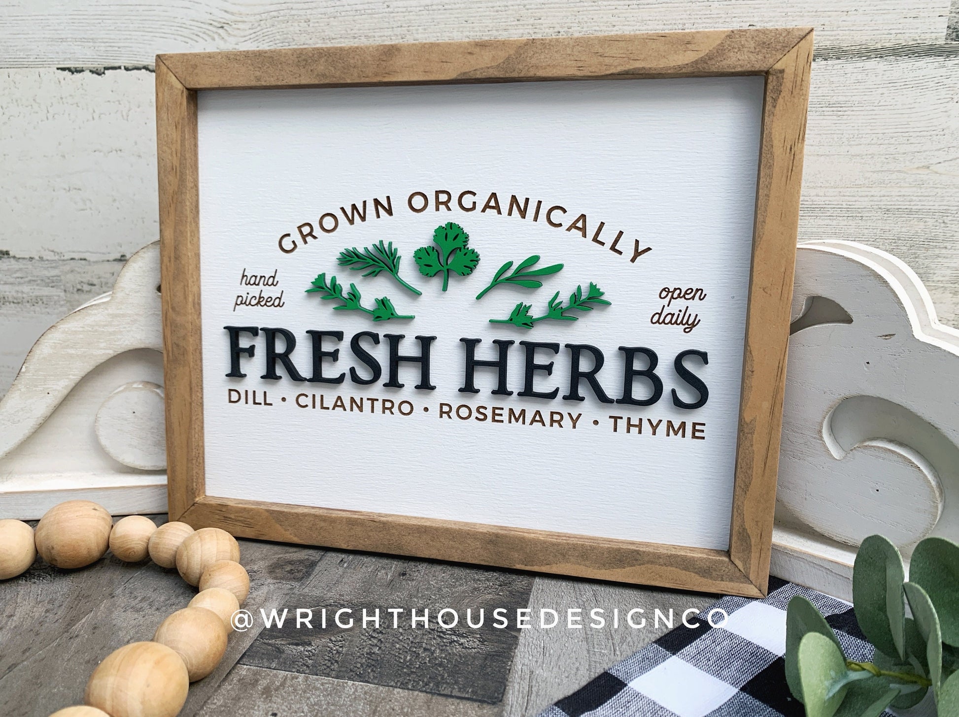 Fresh Herbs Organically Grown - Spring Coffee Bar Sign - Seasonal Farmhouse Home and Kitchen Decor - Handcrafted Wooden Framed Wall Art