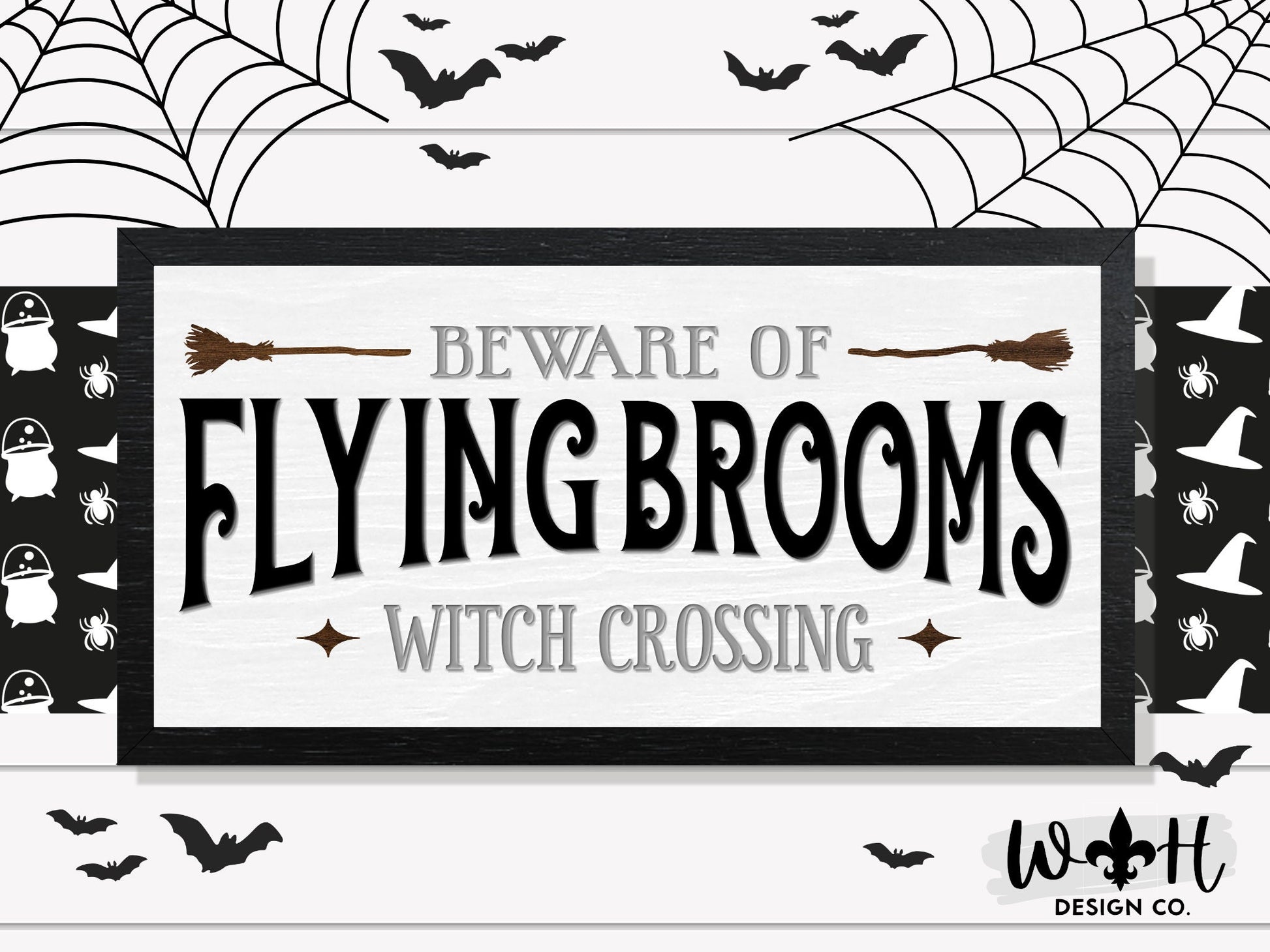 Beware of Flying Brooms Witch Crossing - Halloween Modern Farmhouse - Wood Coffee Bar Sign - Retro Goth Room Decor - Witchy Wall Art