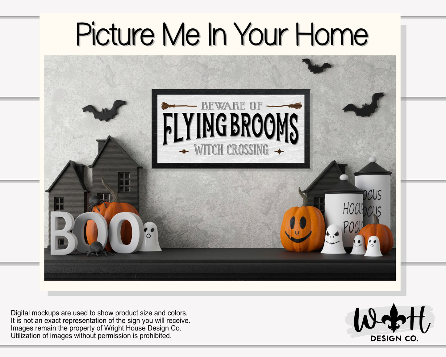 Beware of Flying Brooms Witch Crossing - Halloween Modern Farmhouse - Wood Coffee Bar Sign - Retro Goth Room Decor - Witchy Wall Art