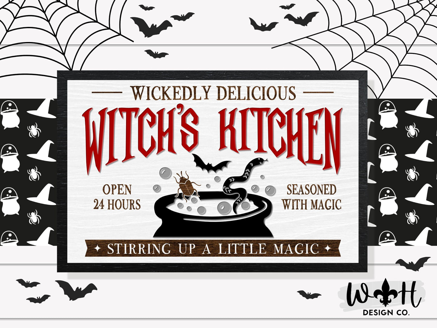 Wickedly Delicious Witch's Kitchen - Halloween Modern Farmhouse - Seasonal Coffee Bar Sign - Witchy Wall Decor - Retro Framed Goth Wall Art