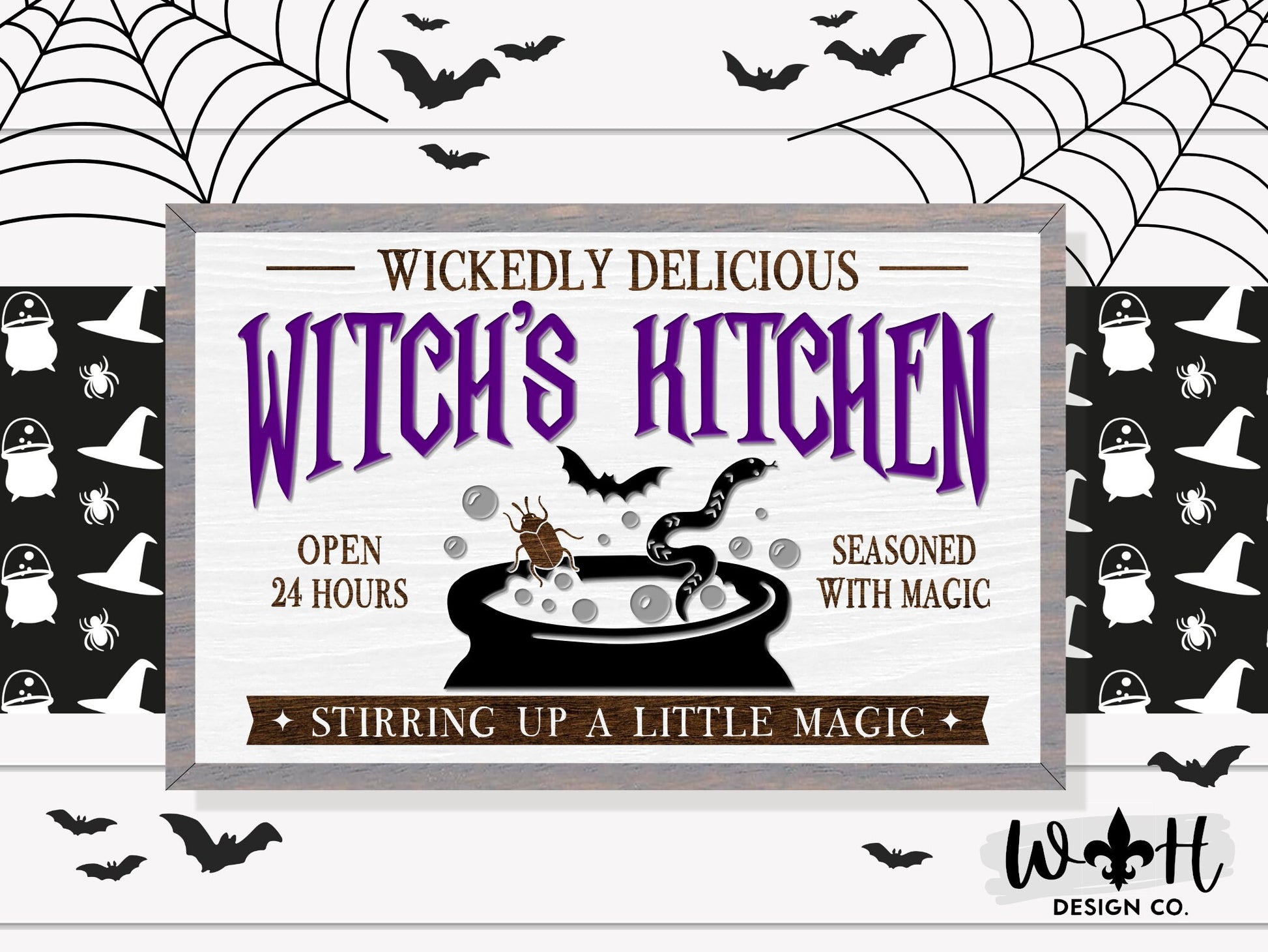 Wickedly Delicious Witch's Kitchen - Halloween Modern Farmhouse - Seasonal Coffee Bar Sign - Witchy Wall Decor - Retro Framed Goth Wall Art