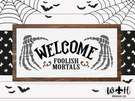 Welcome Foolish Mortals Skeleton Hands - Halloween Farmhouse - Witchy Home Decor - Seasonal Coffee Bar Sign - Retro Framed Goth Wall Art