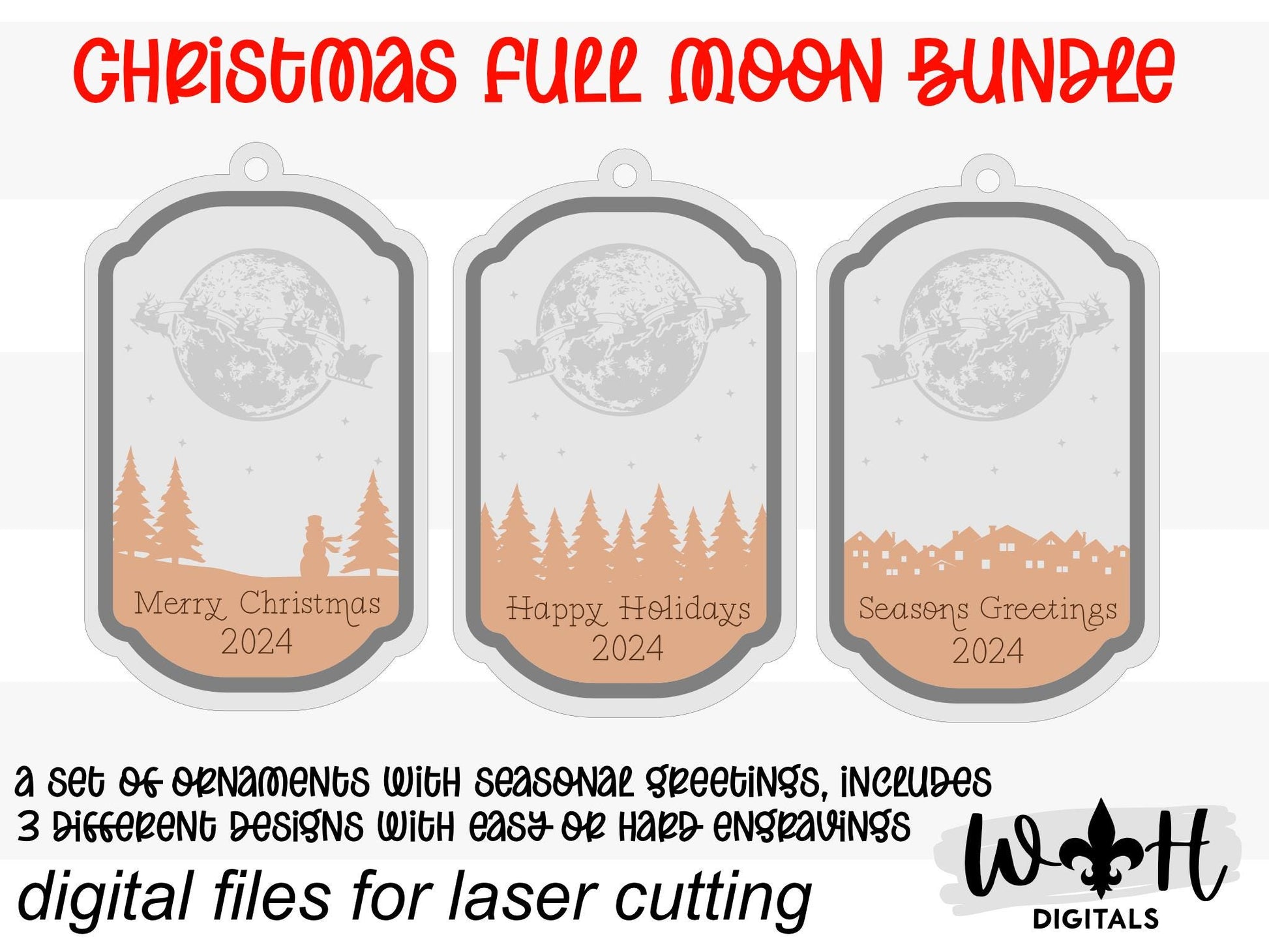 Santa Sleigh Full Moon Christmas Ornament Bundle - Generic or Personalized - Quick Cut Layered File For Glowforge Lasers - Digital SVG File