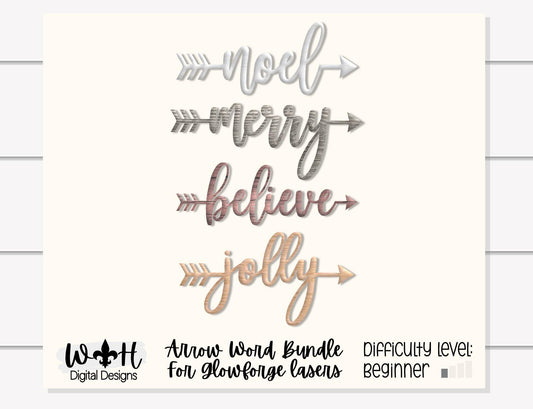 Believe, Jolly, Noel, Merry Arrows - Welded Words - Place Settings - Files for Sign Making - SVG Cut File For Glowforge - Digital File