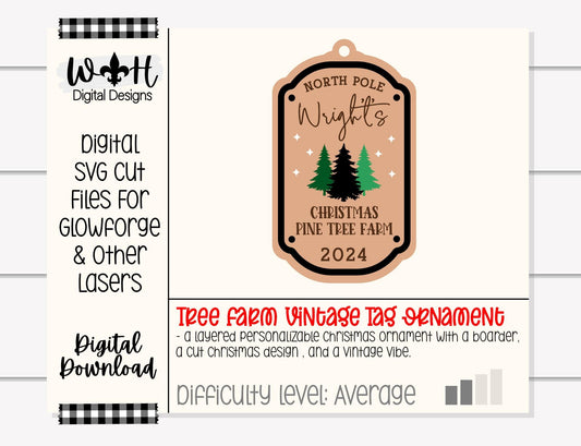 North Pole Christmas Pine Tree Farm Family Name Christmas Ornament - Personalizable Quick Cut File For Glowforge Lasers - Digital SVG File