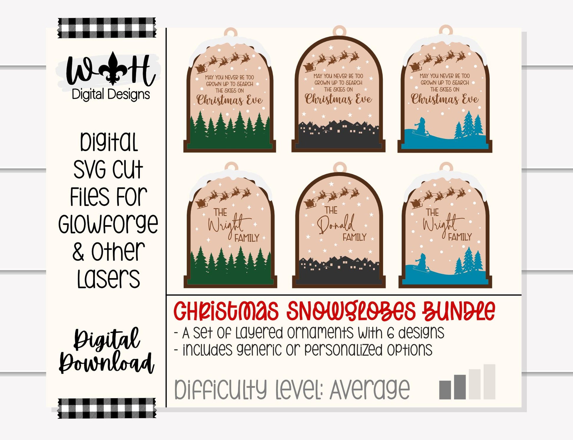 Christmas Snowglobe Ornaments - Personalizable Family Name Bundle - Layered Quick Cut and Score File For Glowforge Lasers - Digital SVG File