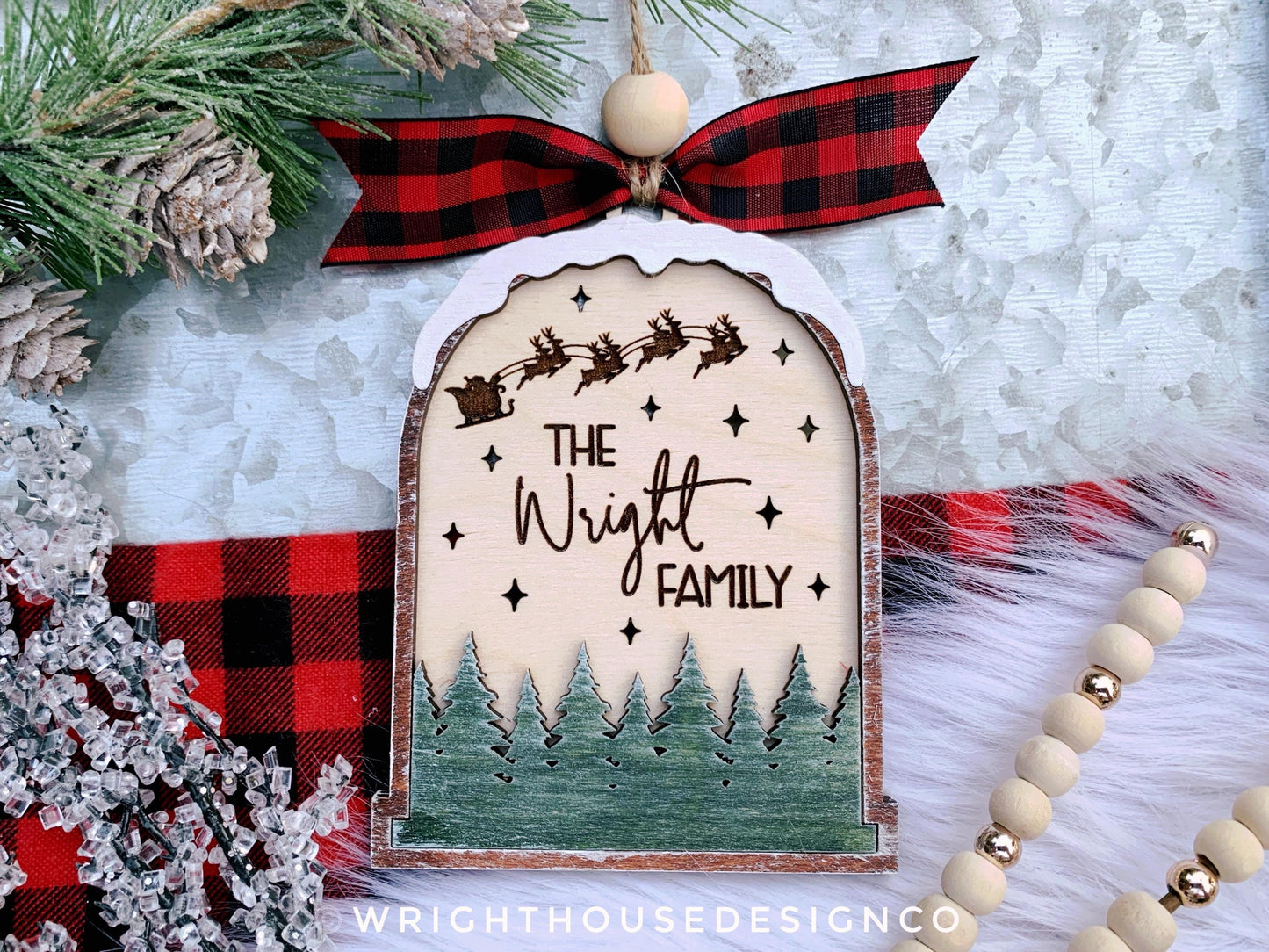 Forest Christmas Lightcatcher Ornament - Personalizable Family Name - Rustic Farmhouse - Christmas Keepsake - Holiday Gift for Couples