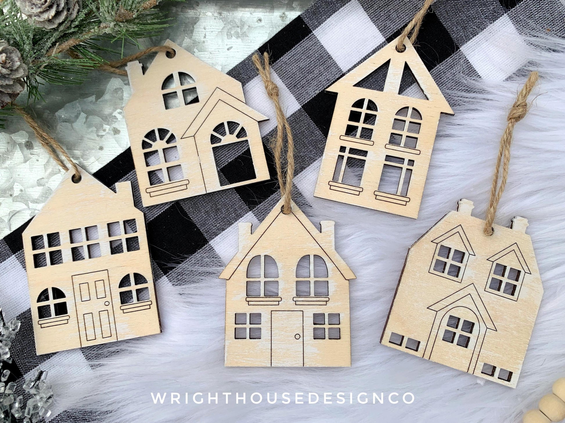 Christmas Village Wooden Ornament Set - Minimalist Farmhouse Christmas Town - Scandinavian Houses - Christmas Tree Keepsake Ornament Set