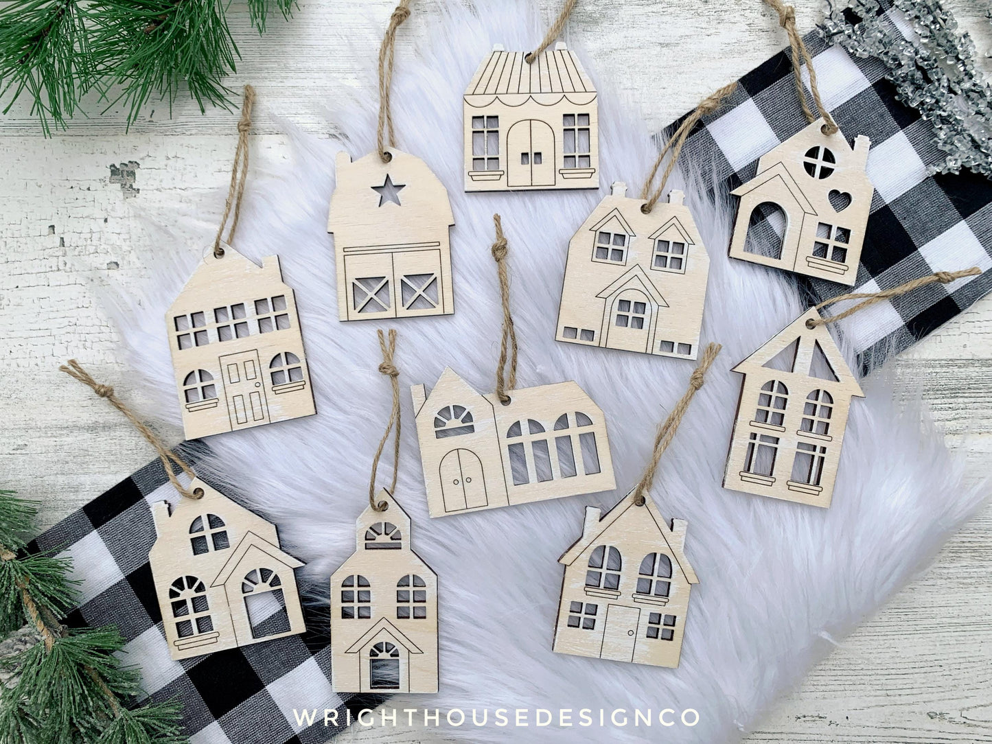 Christmas Village Wooden Ornament Set - Minimalist Farmhouse Christmas Town - Scandinavian Houses - Christmas Tree Keepsake Ornament Set