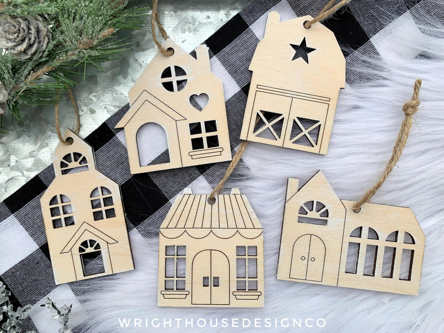 Christmas Village Wooden Ornament Set - Minimalist Farmhouse Christmas Town - Scandinavian Houses - Christmas Tree Keepsake Ornament Set