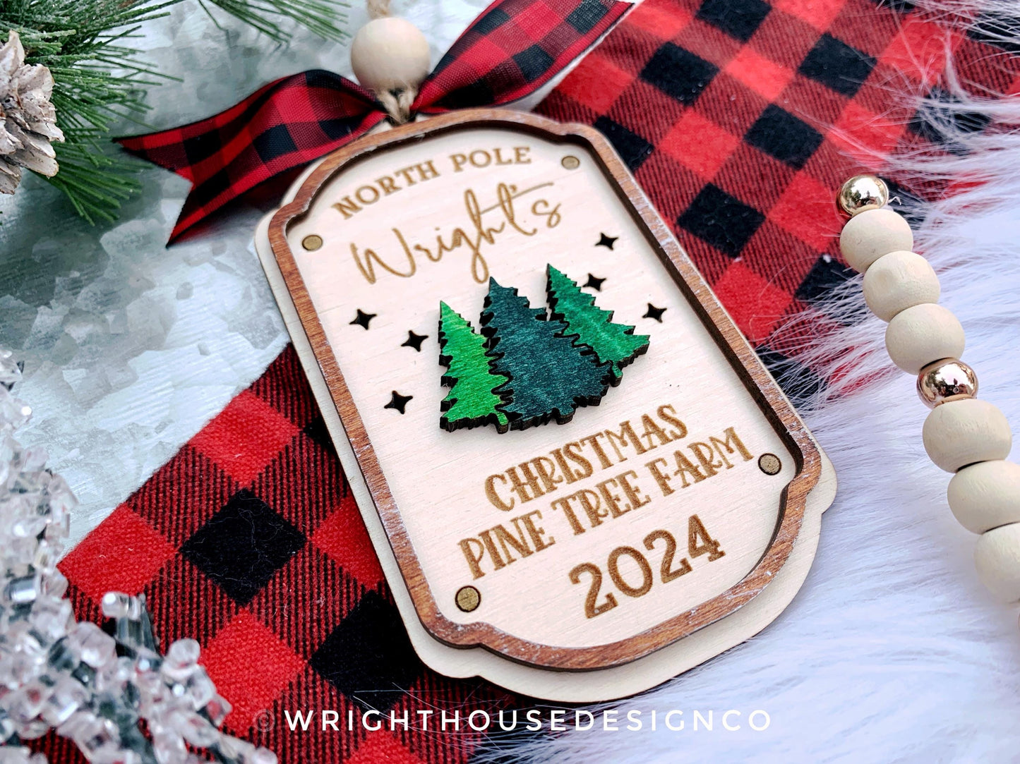 North Pole Christmas Pine Tree Farm - Personalized Family Name Lightcatcher Ornament - Vintage Rustic Farmhouse - Christmas 2024 Keepsake