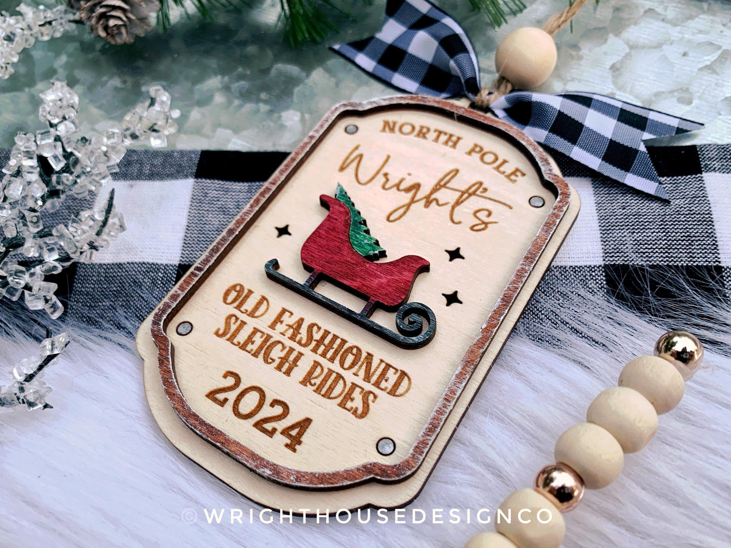 North Pole Old Fashioned Sleigh Rides - Personalized Family Name Lightcatcher Ornament - Vintage Rustic Farmhouse - Christmas 2024 Keepsake