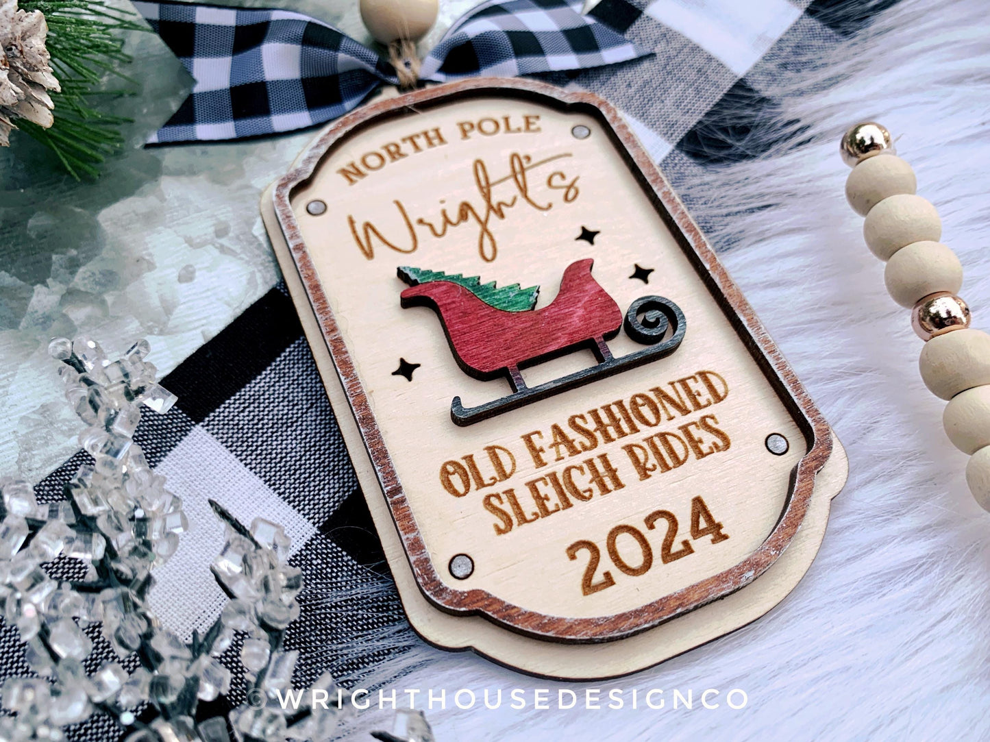 North Pole Old Fashioned Sleigh Rides - Personalized Family Name Lightcatcher Ornament - Vintage Rustic Farmhouse - Christmas 2024 Keepsake