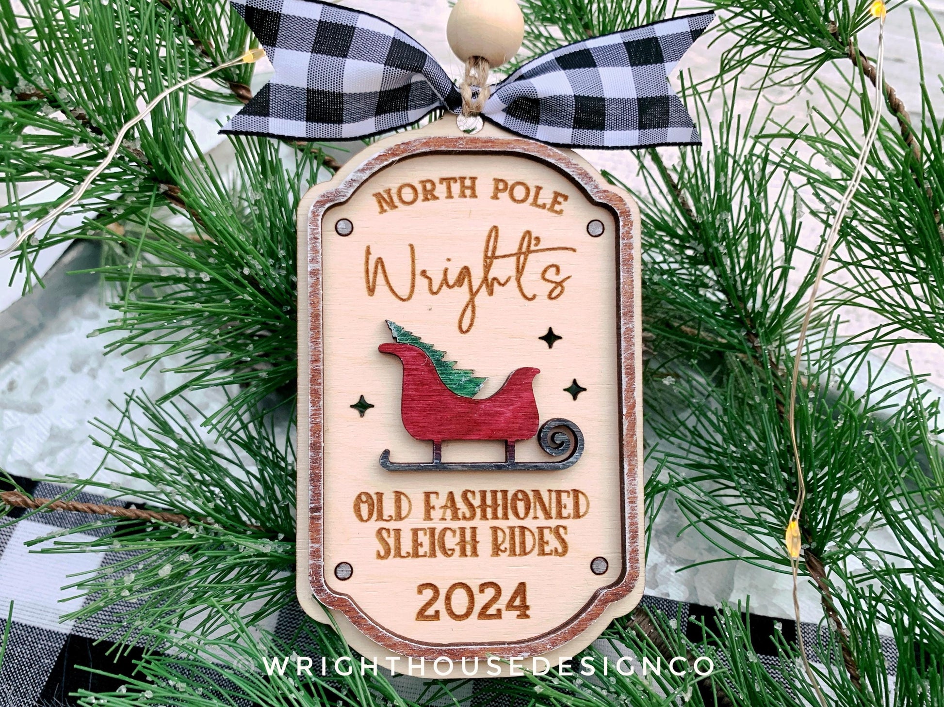 North Pole Old Fashioned Sleigh Rides - Personalized Family Name Lightcatcher Ornament - Vintage Rustic Farmhouse - Christmas 2024 Keepsake