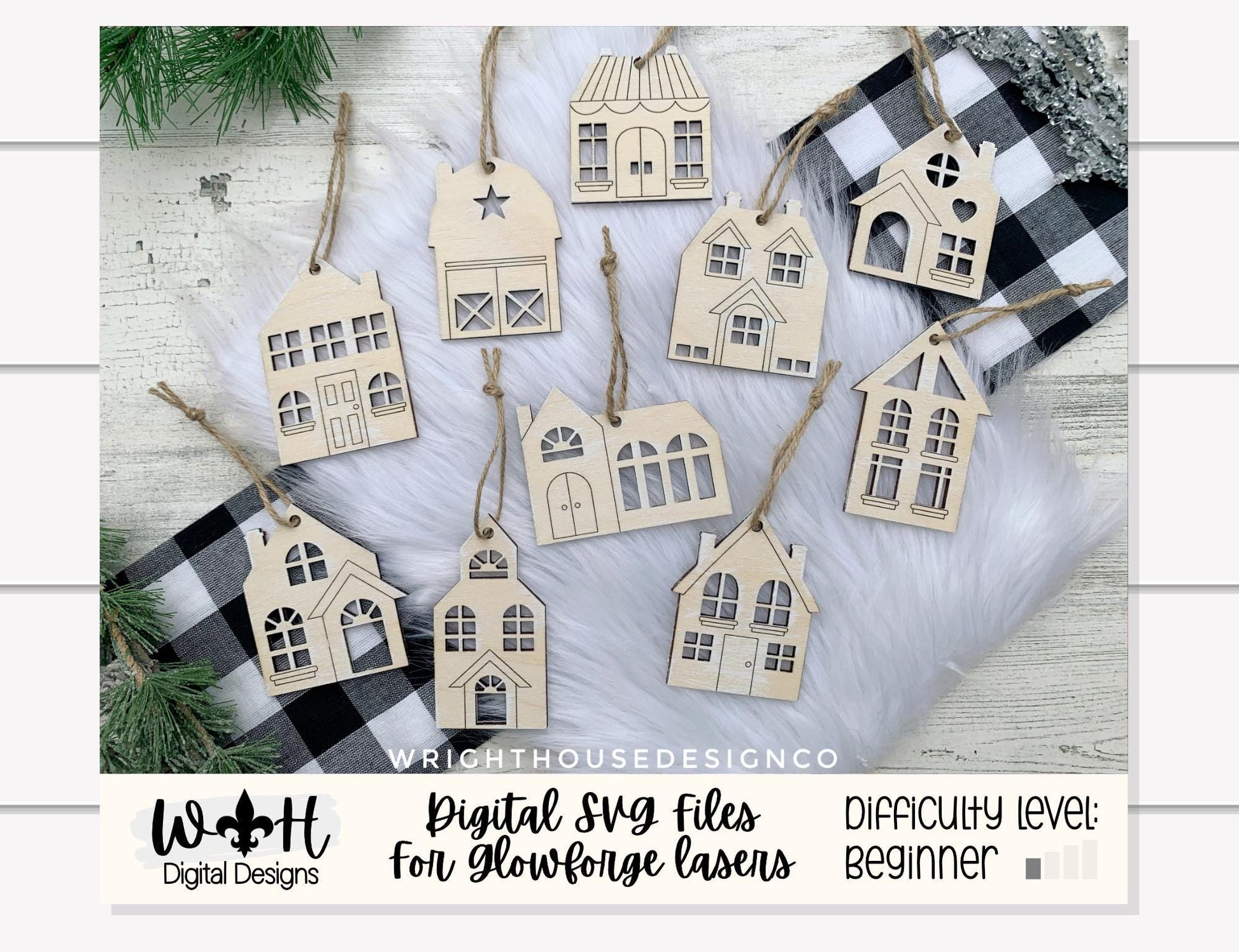 Christmas Town Minimalist Holiday Ornament Set - Rustic Farmhouse Decor - Quick Cut and Score File For Glowforge Lasers - Digital SVG File