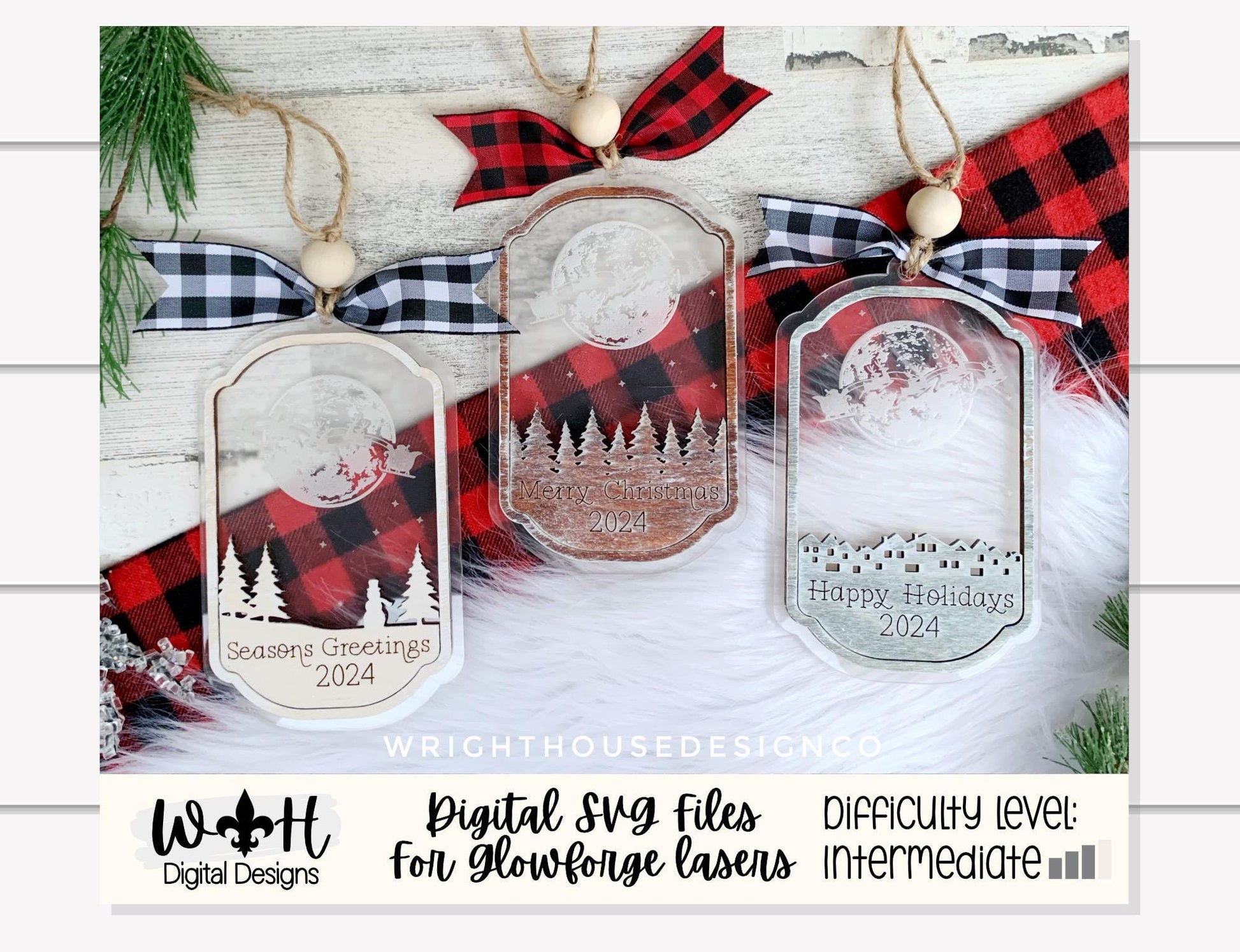 Santa Sleigh Full Moon Christmas Ornament Bundle - Generic or Personalized - Quick Cut Layered File For Glowforge Lasers - Digital SVG File