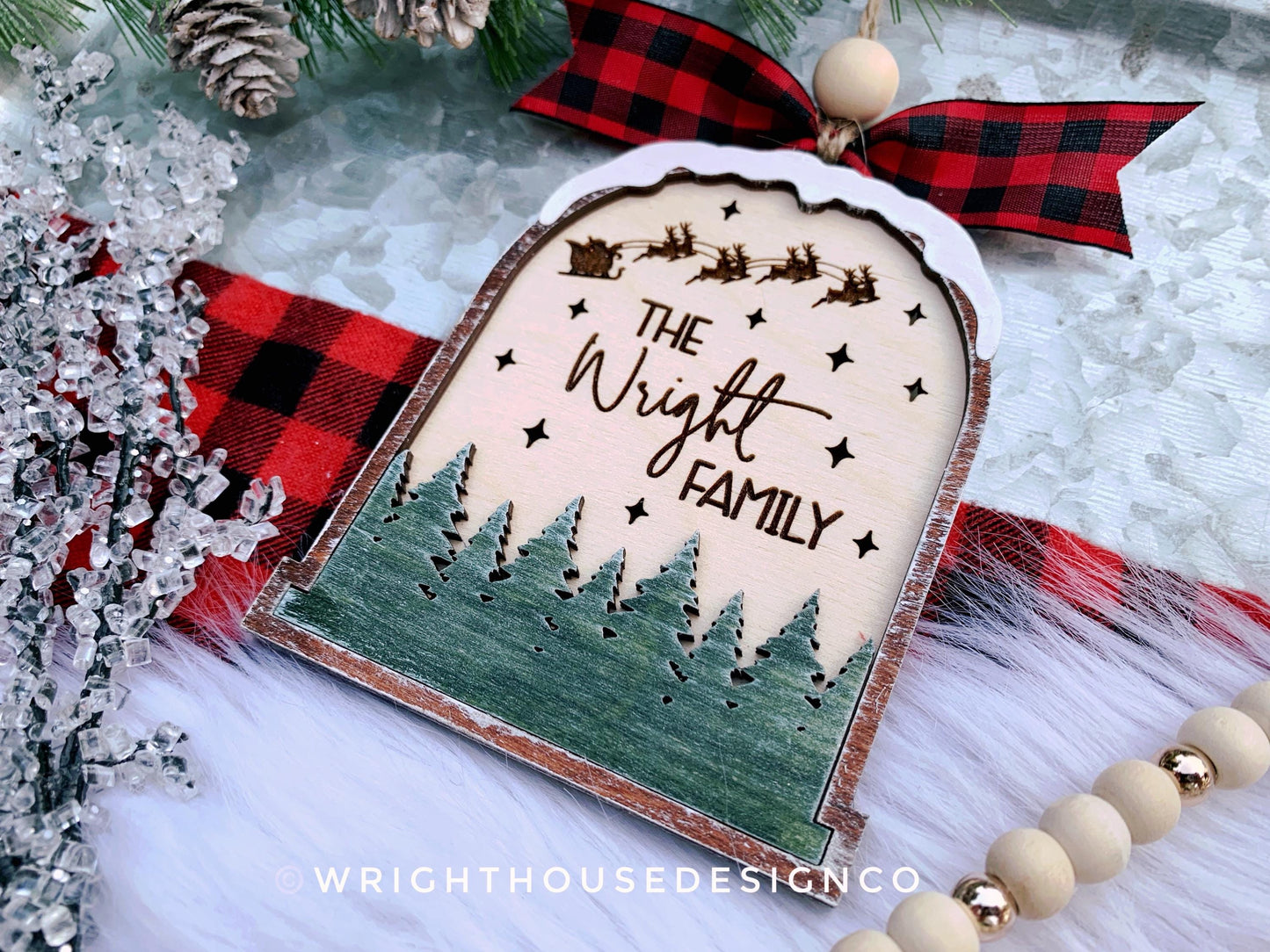 Forest Christmas Lightcatcher Ornament - Personalizable Family Name - Rustic Farmhouse - Christmas Keepsake - Holiday Gift for Couples