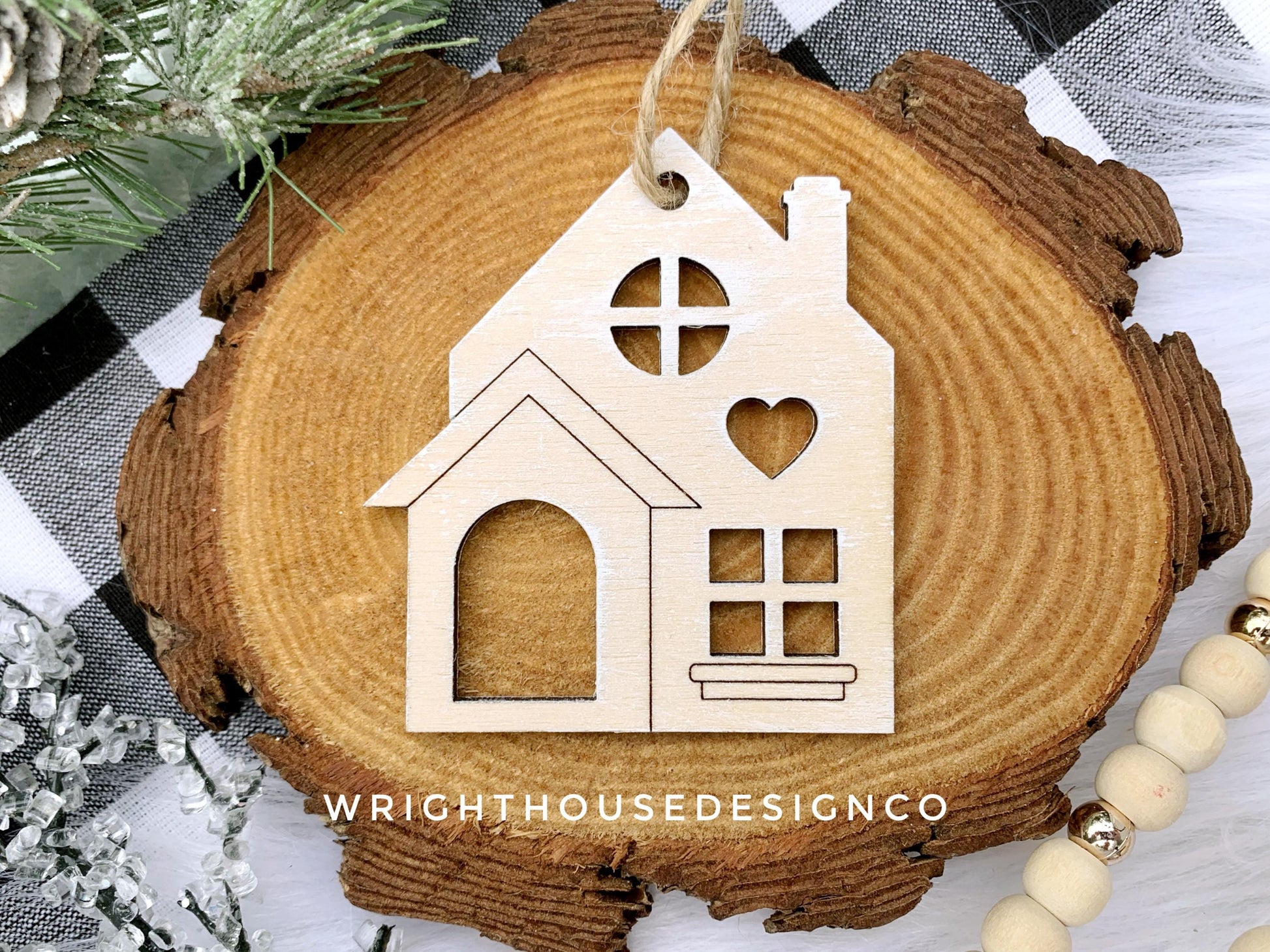 Christmas Village Wooden Ornament Set - Minimalist Farmhouse Christmas Town - Scandinavian Houses - Christmas Tree Keepsake Ornament Set