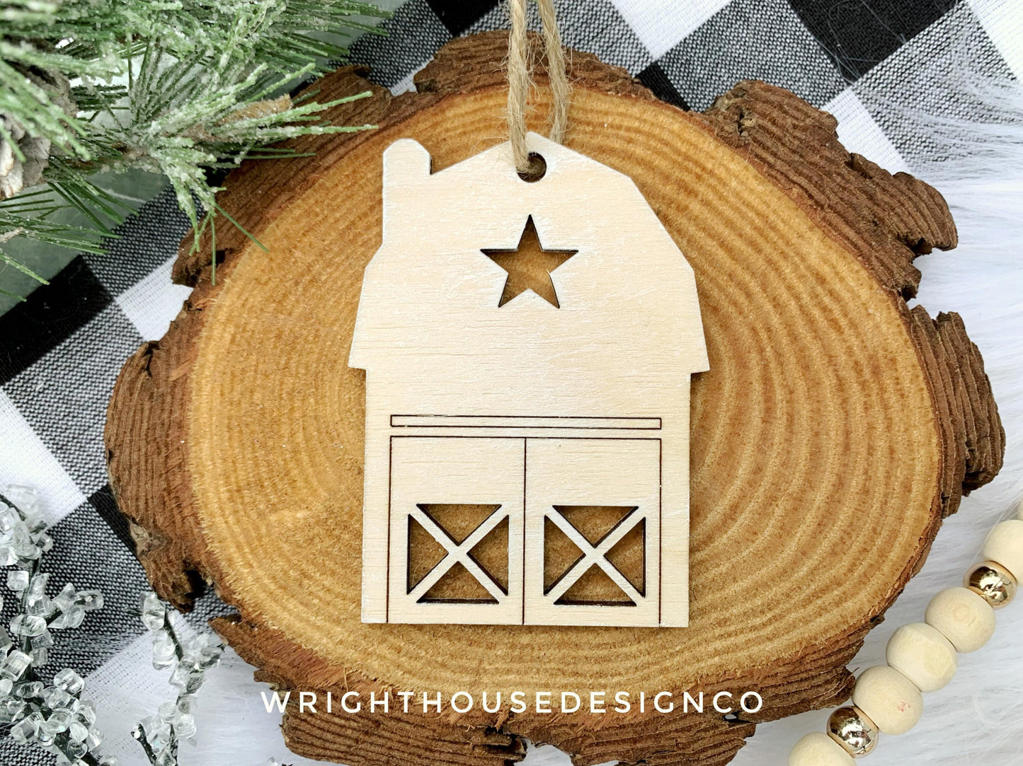 Christmas Village Wooden Ornament Set - Minimalist Farmhouse Christmas Town - Scandinavian Houses - Christmas Tree Keepsake Ornament Set