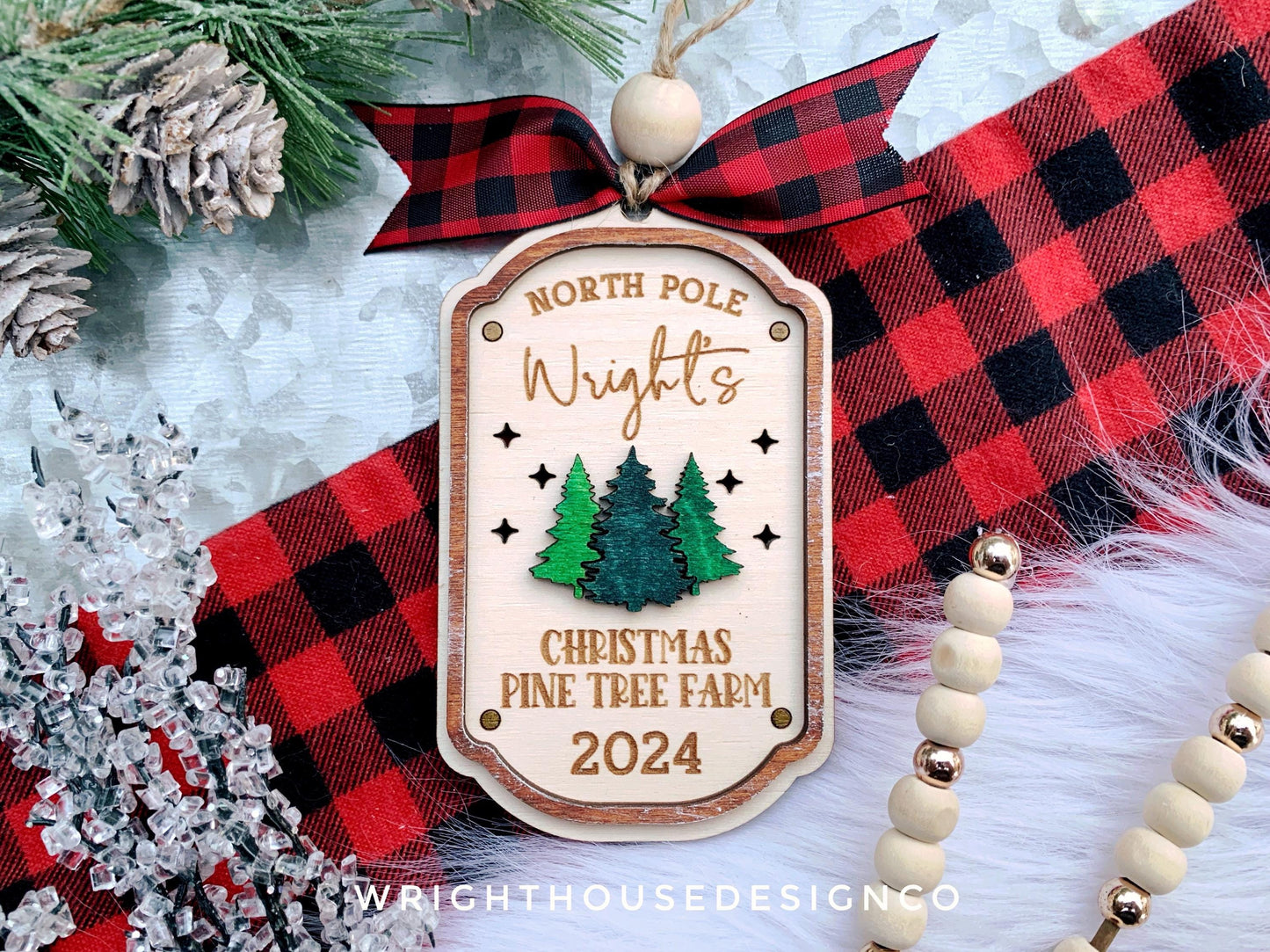 North Pole Christmas Pine Tree Farm - Personalized Family Name Lightcatcher Ornament - Vintage Rustic Farmhouse - Christmas 2024 Keepsake