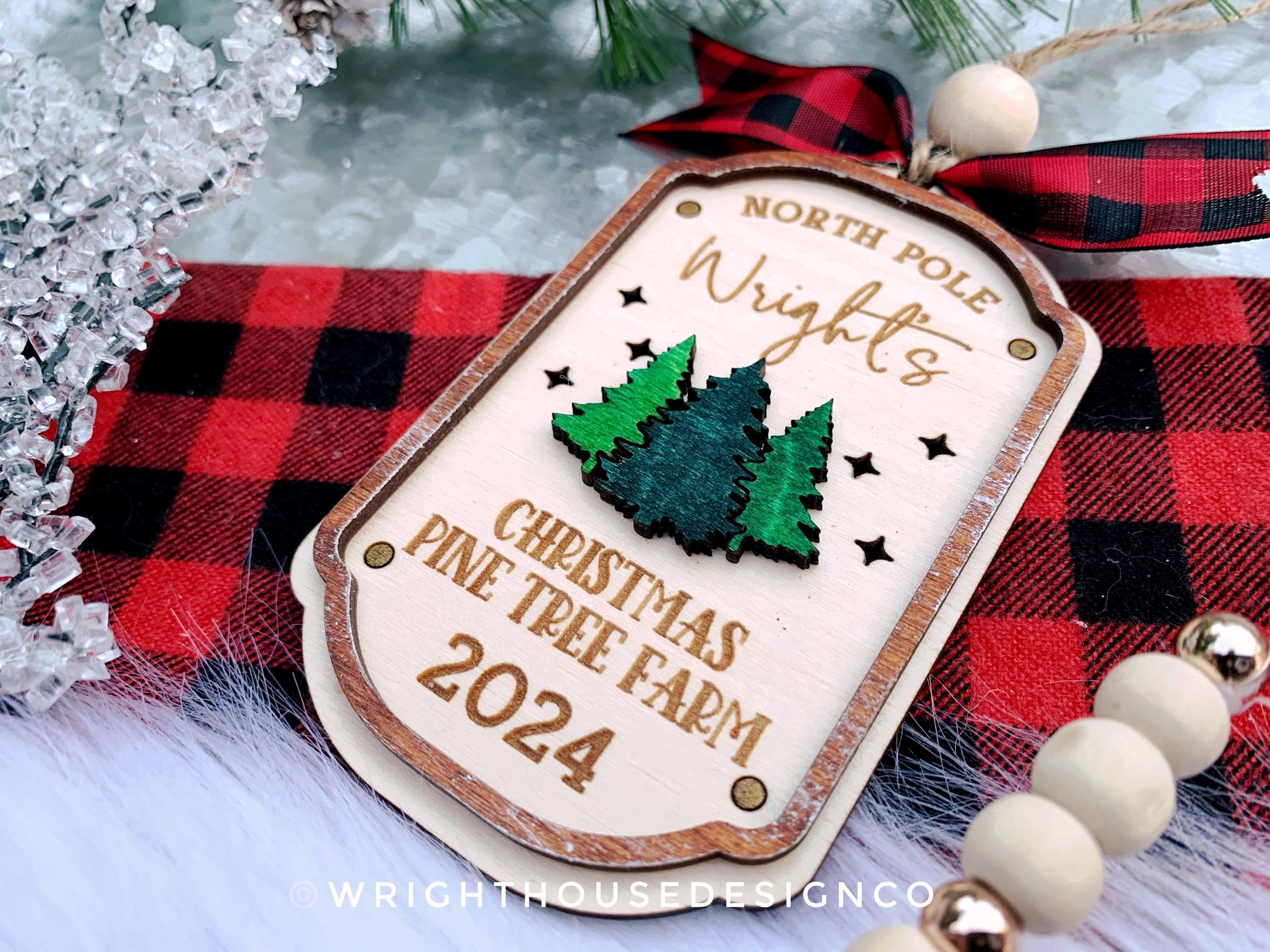 North Pole Christmas Pine Tree Farm - Personalized Family Name Lightcatcher Ornament - Vintage Rustic Farmhouse - Christmas 2024 Keepsake