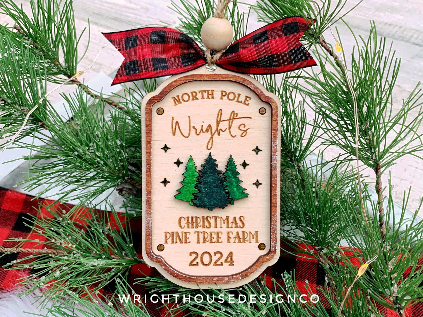 North Pole Christmas Pine Tree Farm - Personalized Family Name Lightcatcher Ornament - Vintage Rustic Farmhouse - Christmas 2024 Keepsake