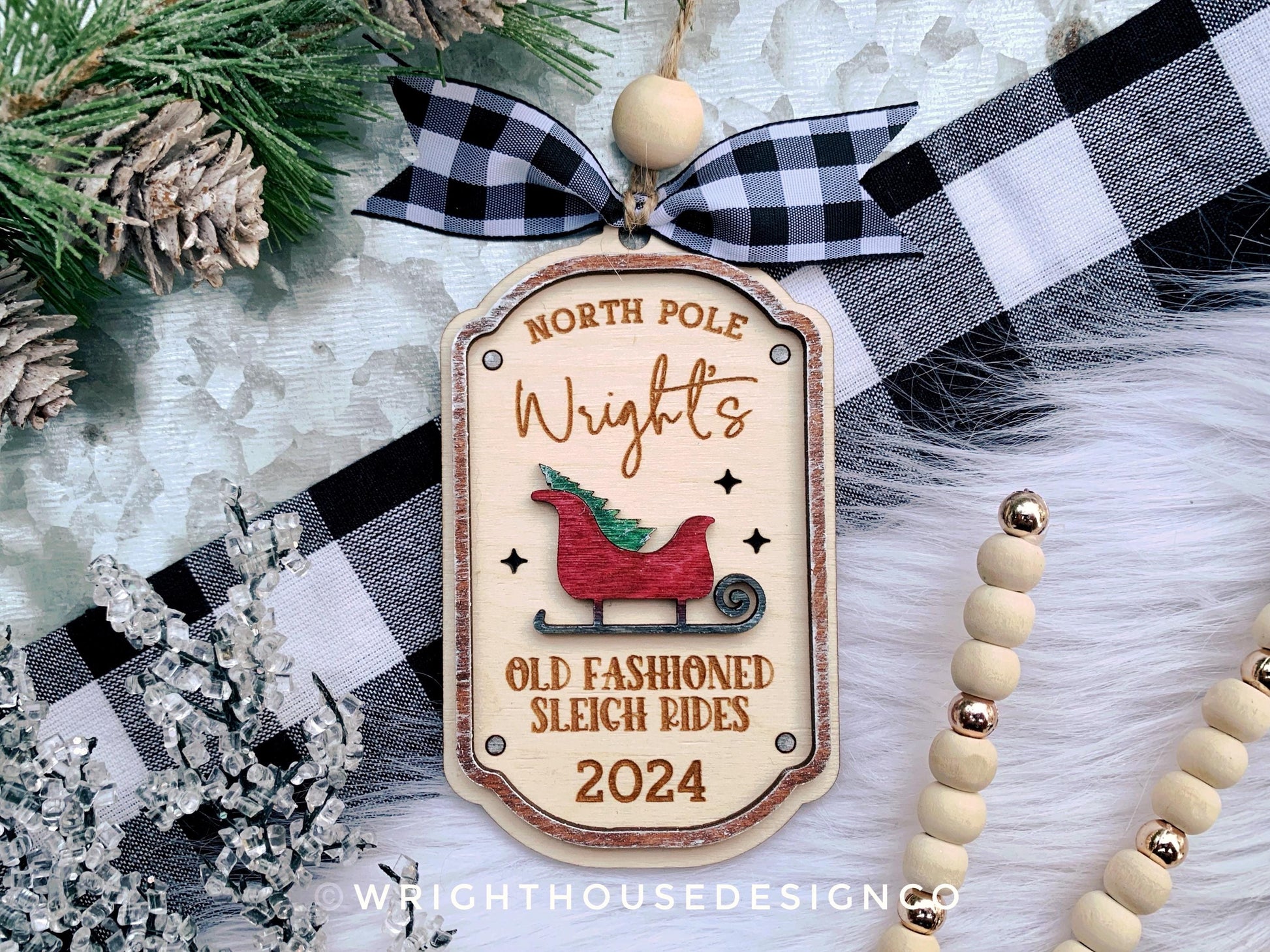 North Pole Old Fashioned Sleigh Rides - Personalized Family Name Lightcatcher Ornament - Vintage Rustic Farmhouse - Christmas 2024 Keepsake