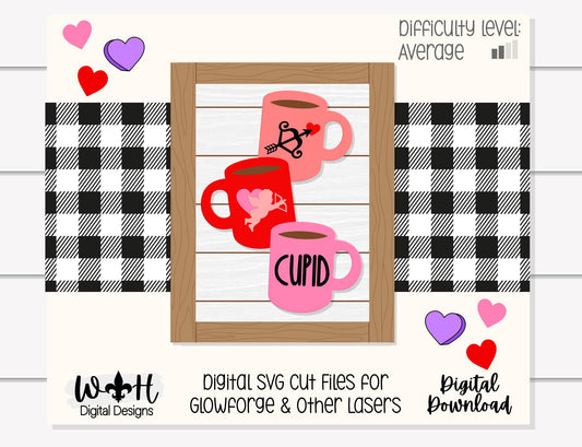 Cupid Stacked Coffee Mug Farmhouse Frame Sign - Valentine's Tier Tray Decor and DIY Kits - Cut File For Glowforge Lasers - Digital SVG File