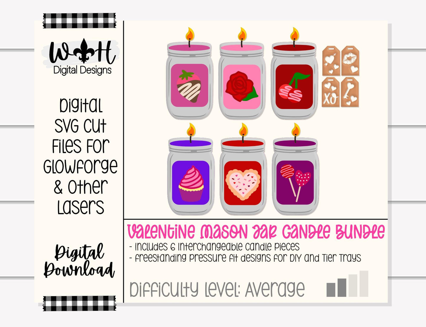 Valentine's Day Interchangeable Mason Jar Candle Bundle - Tiered Tray Decor and DIY Kits - Cut File For Glowforge Lasers - Digital SVG File