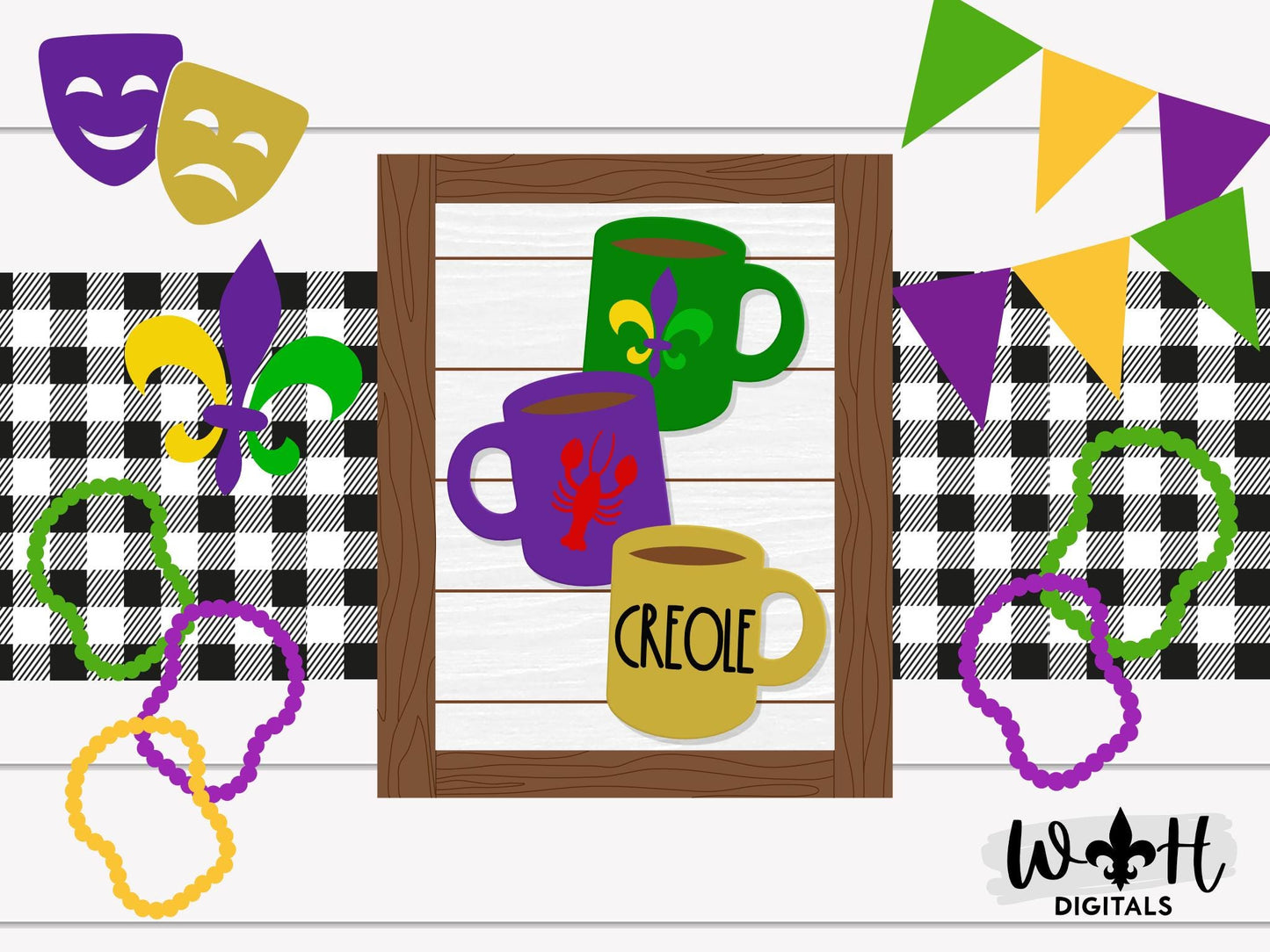 Mardi Gras Creole Stacked Coffee Mugs - Farmhouse Frame Sign - Tier Tray Decor - DIY Kits - Cut File For Glowforge Lasers - Digital SVG File