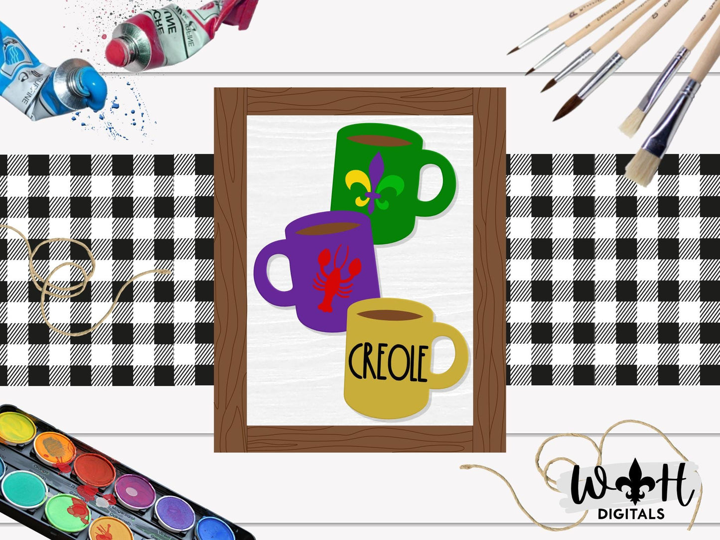 Mardi Gras Creole Stacked Coffee Mugs - Farmhouse Frame Sign - Tier Tray Decor - DIY Kits - Cut File For Glowforge Lasers - Digital SVG File