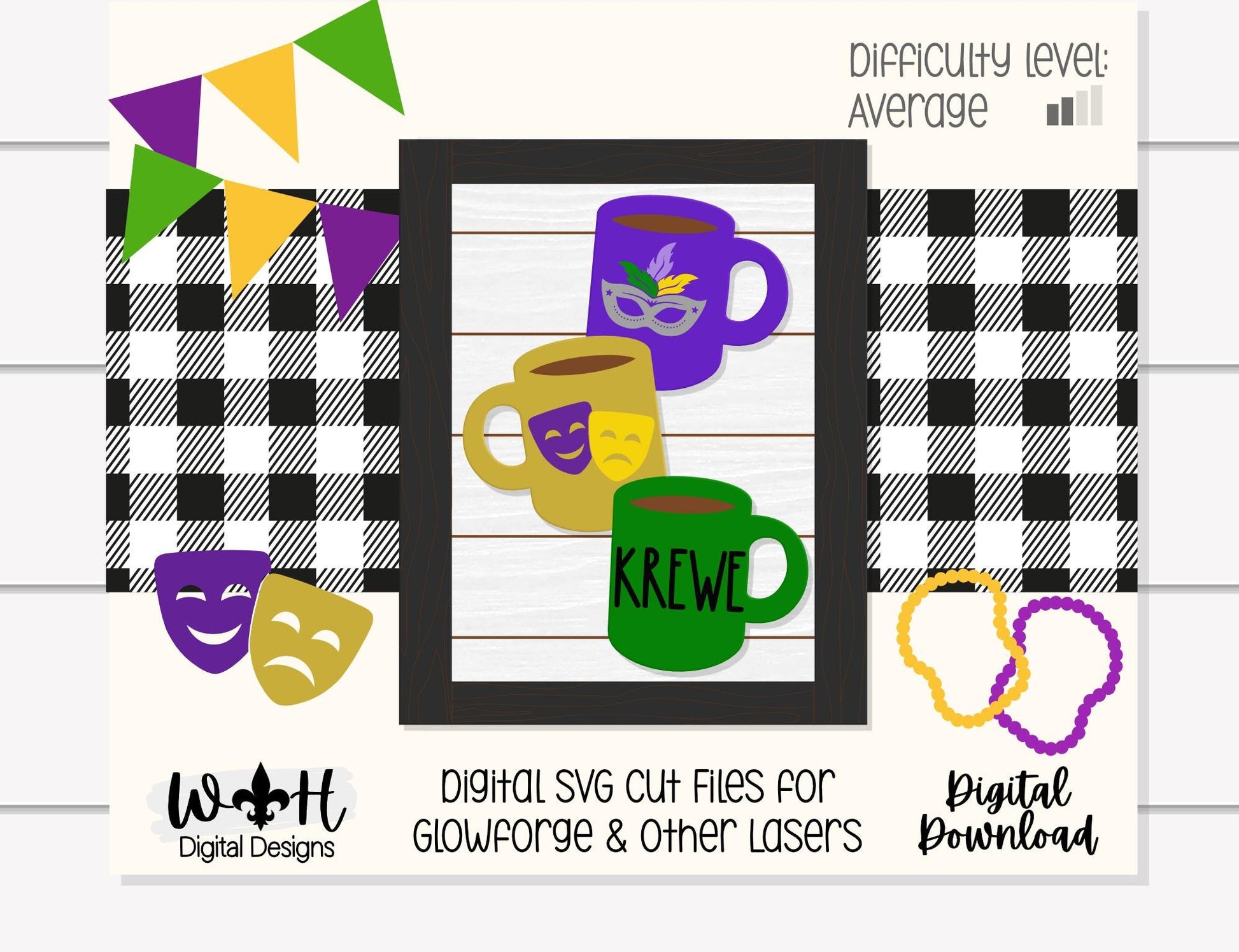 Mardi Gras Krewe Stacked Coffee Mugs - Farmhouse Frame Sign - Tier Tray Decor - DIY Kits - Cut File For Glowforge Lasers - Digital SVG Files