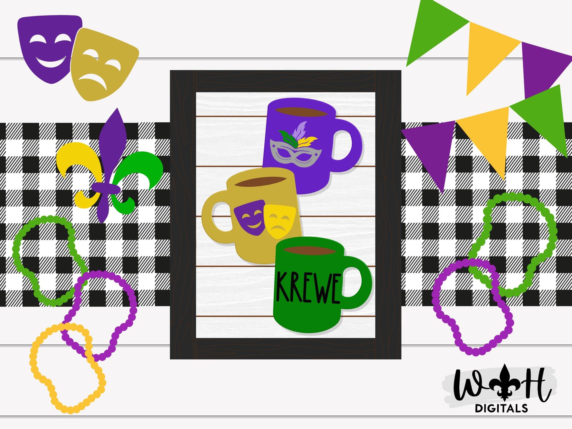 Mardi Gras Krewe Stacked Coffee Mugs - Farmhouse Frame Sign - Tier Tray Decor - DIY Kits - Cut File For Glowforge Lasers - Digital SVG Files