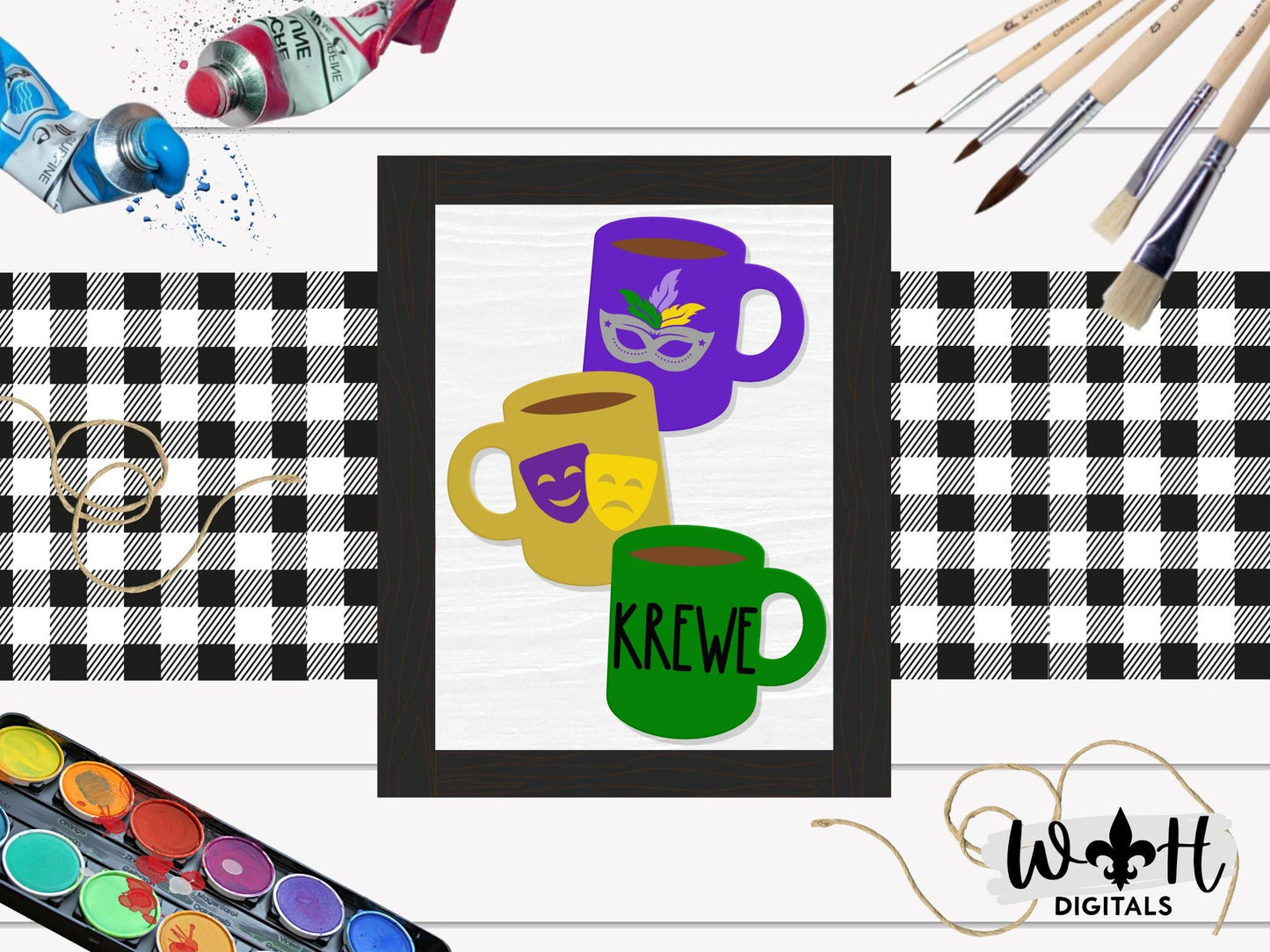 Mardi Gras Krewe Stacked Coffee Mugs - Farmhouse Frame Sign - Tier Tray Decor - DIY Kits - Cut File For Glowforge Lasers - Digital SVG Files