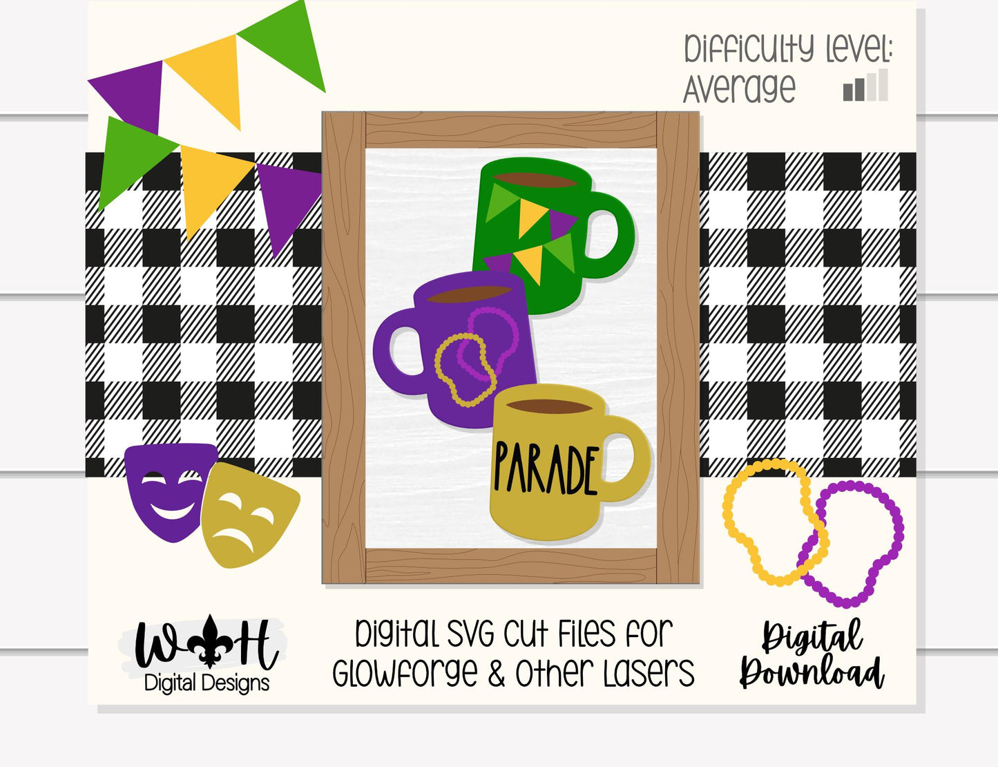 Mardi Gras Parade Stacked Coffee Mugs - Farmhouse Frame Sign - Tier Tray Decor - DIY Kits - Cut File For Glowforge Lasers - Digital SVG File