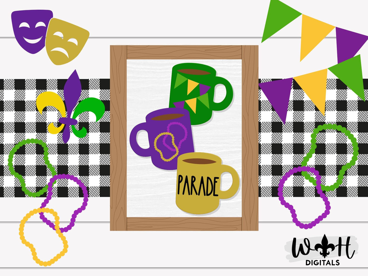 Mardi Gras Parade Stacked Coffee Mugs - Farmhouse Frame Sign - Tier Tray Decor - DIY Kits - Cut File For Glowforge Lasers - Digital SVG File