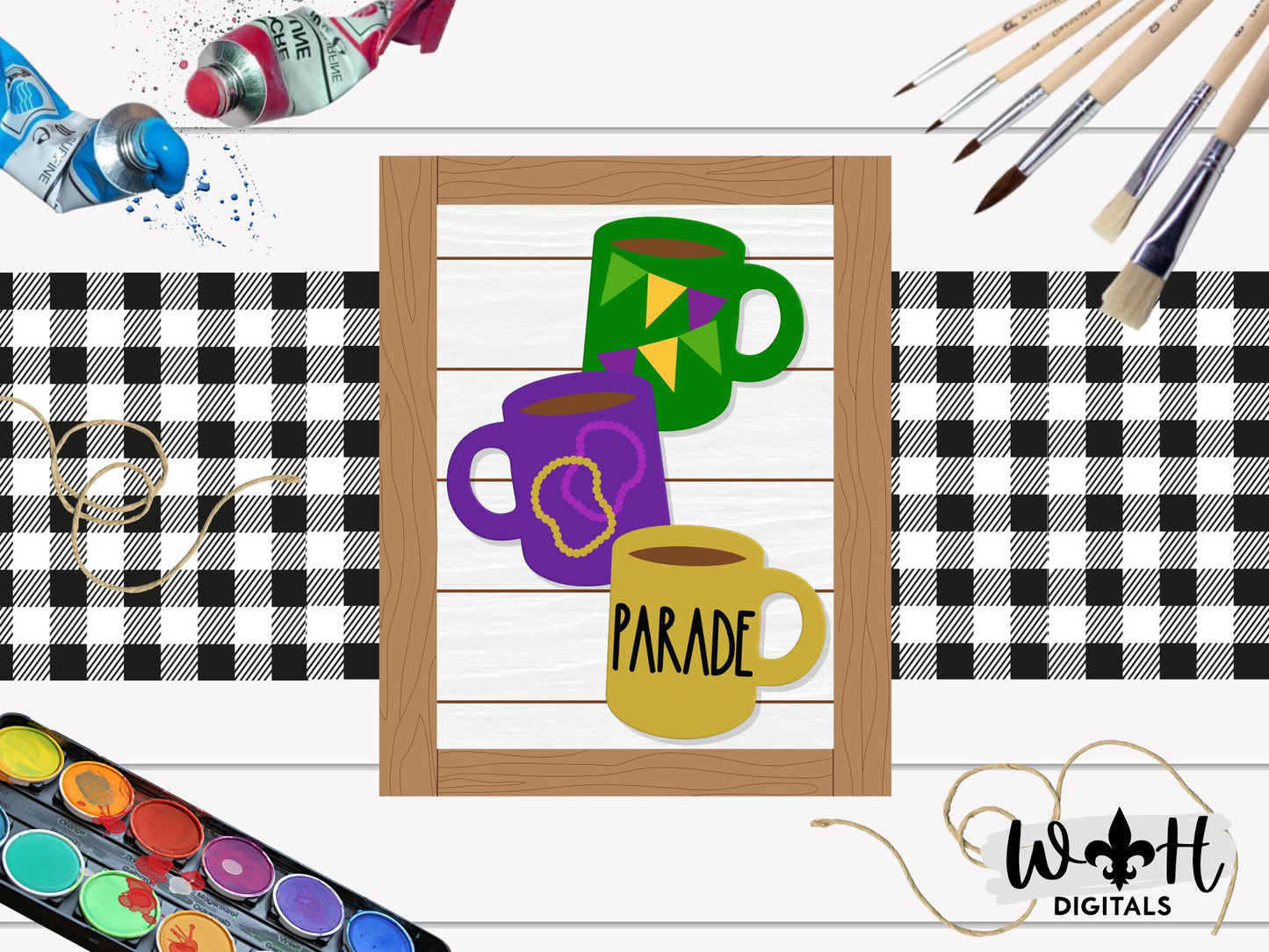 Mardi Gras Parade Stacked Coffee Mugs - Farmhouse Frame Sign - Tier Tray Decor - DIY Kits - Cut File For Glowforge Lasers - Digital SVG File