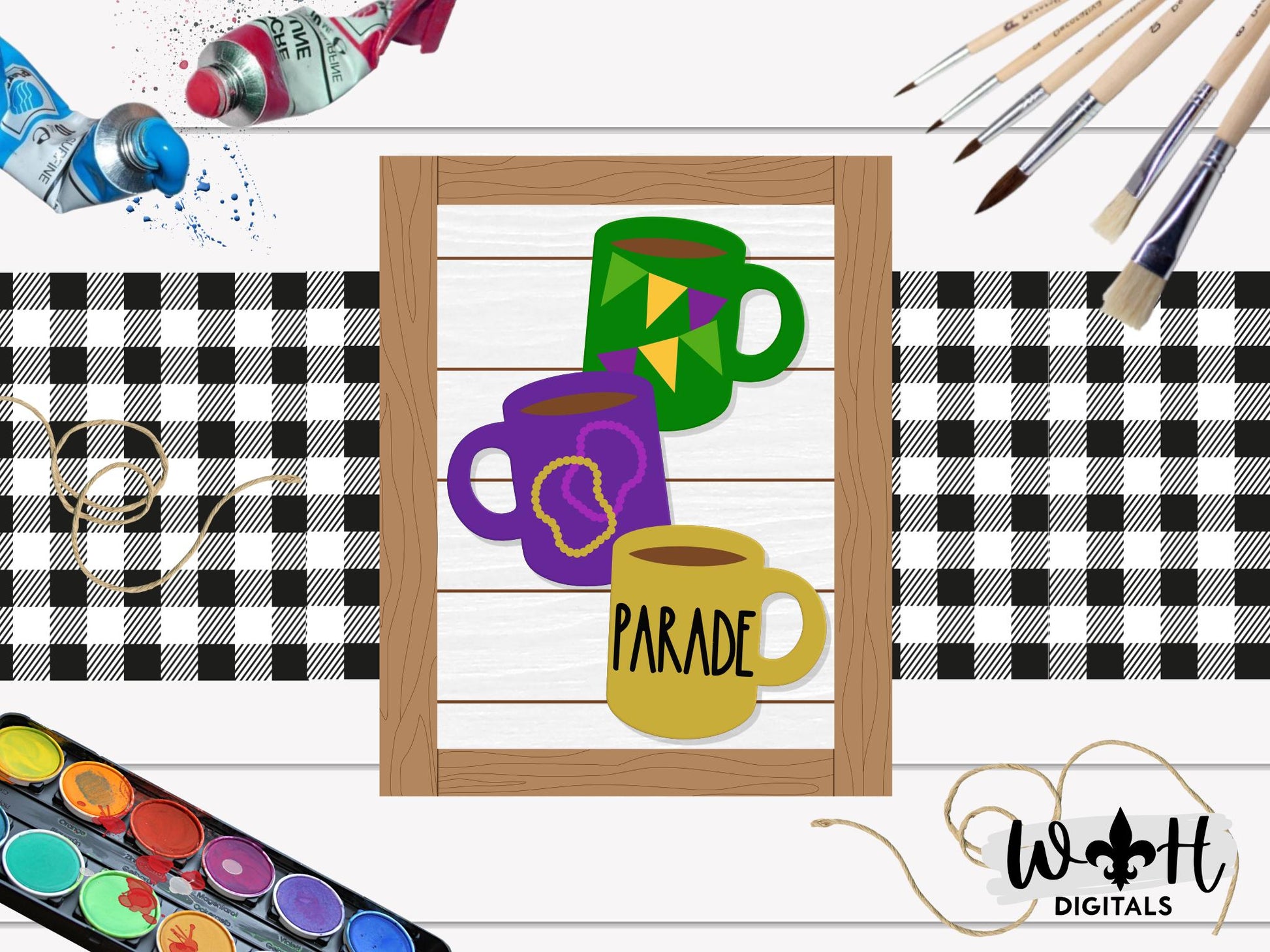 Mardi Gras Parade Stacked Coffee Mugs - Farmhouse Frame Sign - Tier Tray Decor - DIY Kits - Cut File For Glowforge Lasers - Digital SVG File