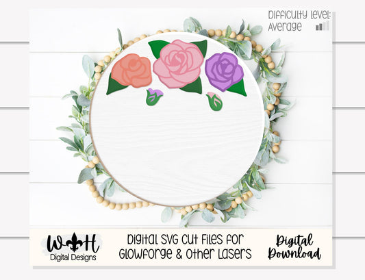 Three Roses Floral Bundle - Door Hanger Rounds - Sign Making and DIY Kits - Layered Floral Cut File For Glowforge Lasers - Digital SVG File