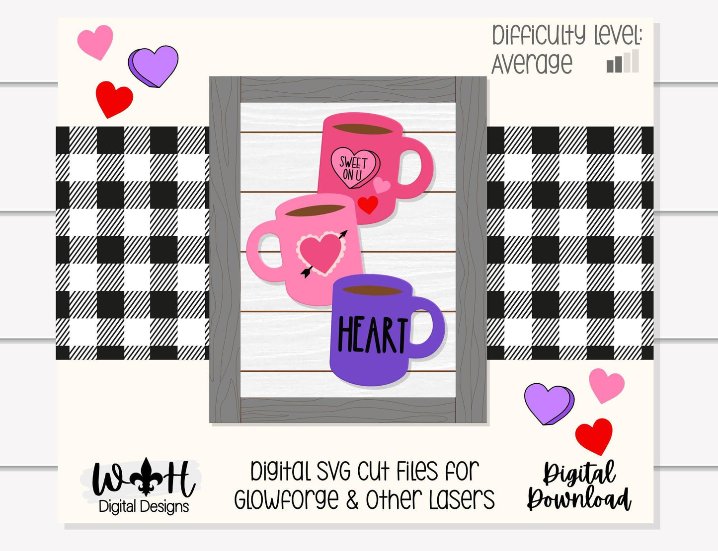 Heart Stacked Coffee Mug Farmhouse Frame Sign - Valentine's Tier Tray Decor and DIY Kits - Cut File For Glowforge Lasers - Digital SVG File