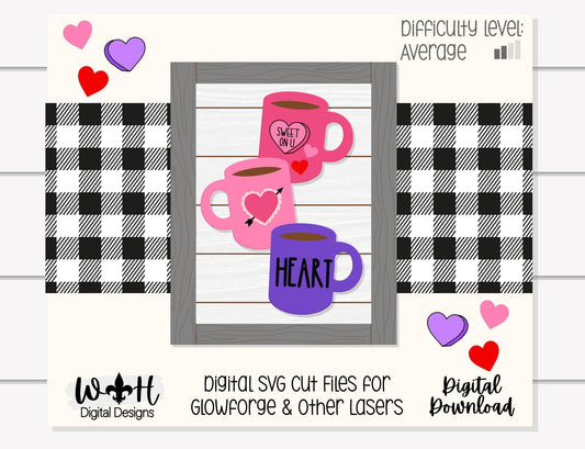 Heart Stacked Coffee Mug Farmhouse Frame Sign - Valentine's Tier Tray Decor and DIY Kits - Cut File For Glowforge Lasers - Digital SVG File