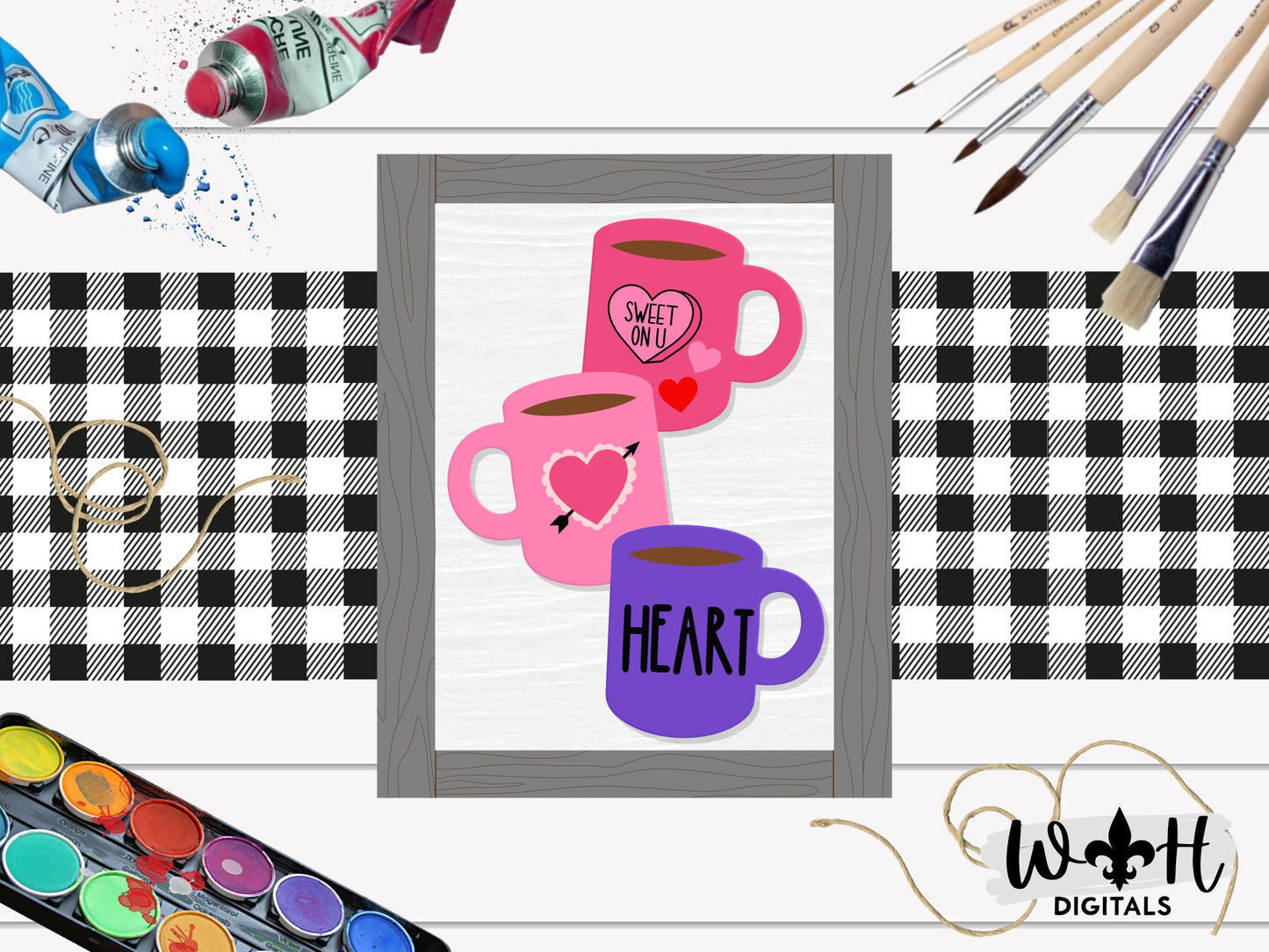 Heart Stacked Coffee Mug Farmhouse Frame Sign - Valentine's Tier Tray Decor and DIY Kits - Cut File For Glowforge Lasers - Digital SVG File